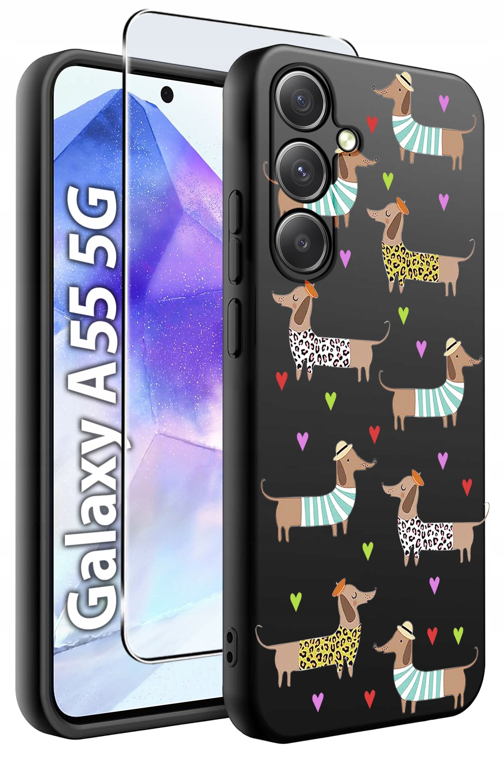 Etui na telefon z wzorem jamników w ubrankach i kolorowymi sercami, obok szkło hartowane. Widoczny napis: \'Galaxy A55 5G\'.