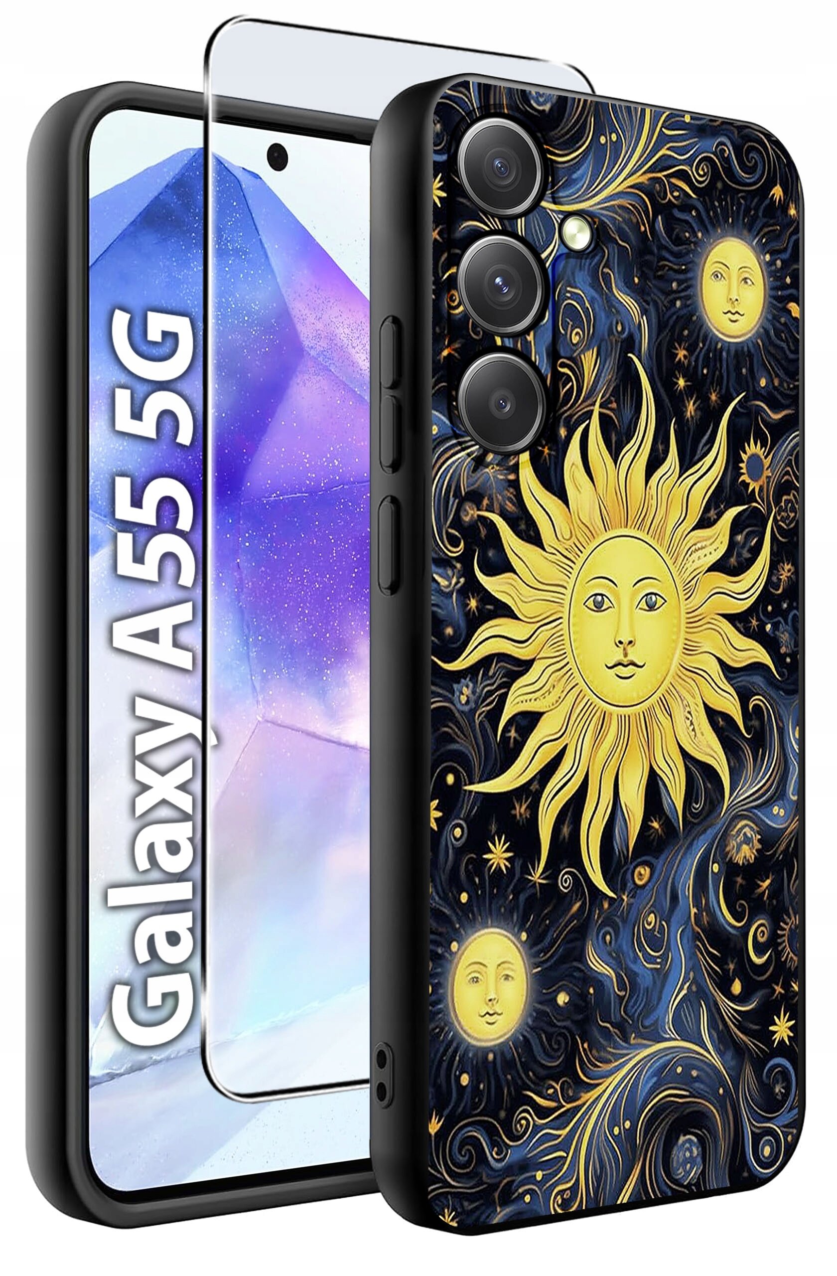 Obraz przedstawia etui na telefon z wzorem słońca i gwiazd na ciemnym tle oraz szkło hartowane. Widoczny jest napis \'Galaxy A55 5G\'.