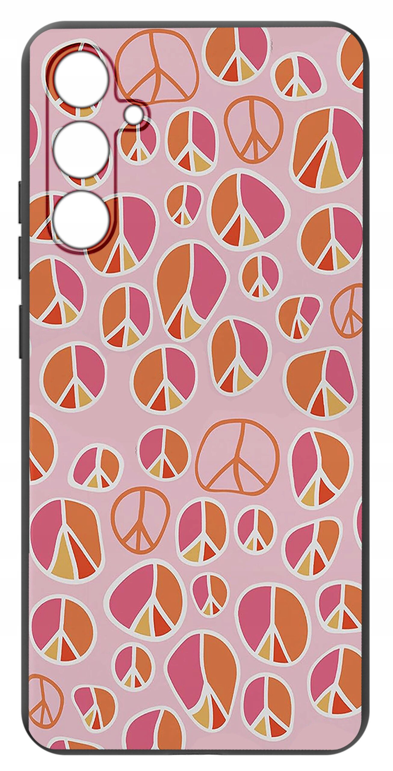 Etui na telefon z różowym tłem, ozdobione wzorami w kształcie symboli pokoju w kolorach pomarańczowym i różowym.
