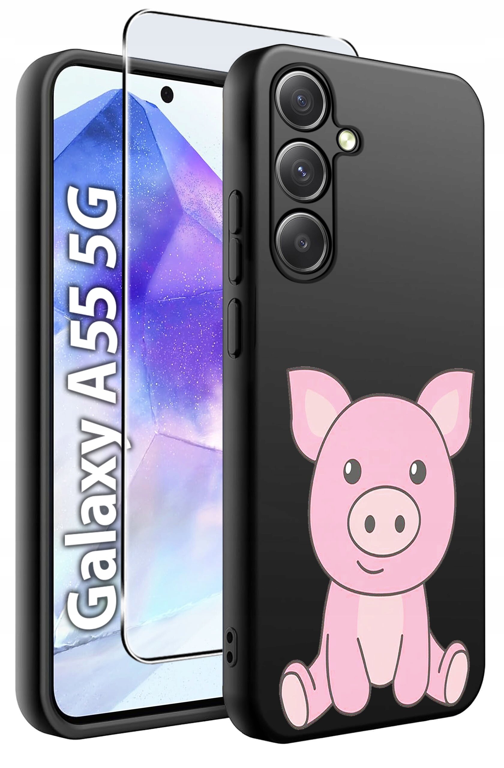 Obraz przedstawia czarne etui na telefon z rysunkiem różowej świnki oraz szkło hartowane. Obok widoczny jest napis \'Galaxy A55 5G\'.