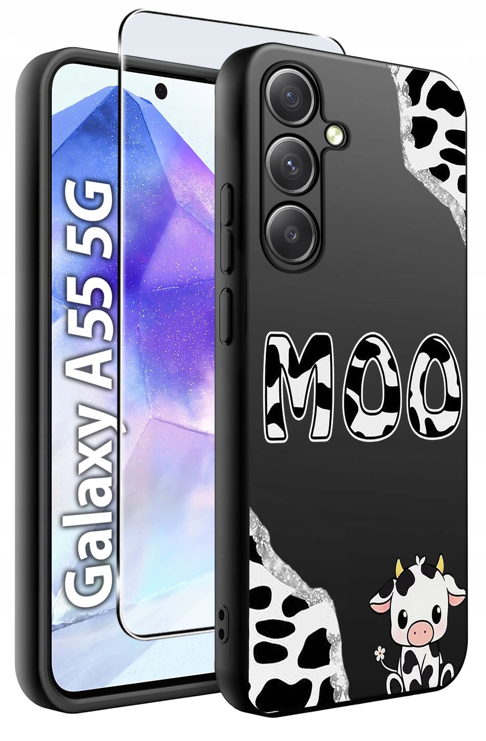 Obraz przedstawia etui na telefon z napisem \'MOO\' i wzorem przypominającym krowie łaty, a także rysunkiem krowy. Obok etui widoczny jest telefon z napisem \'Galaxy A55 5G\' oraz szkło hartowane.