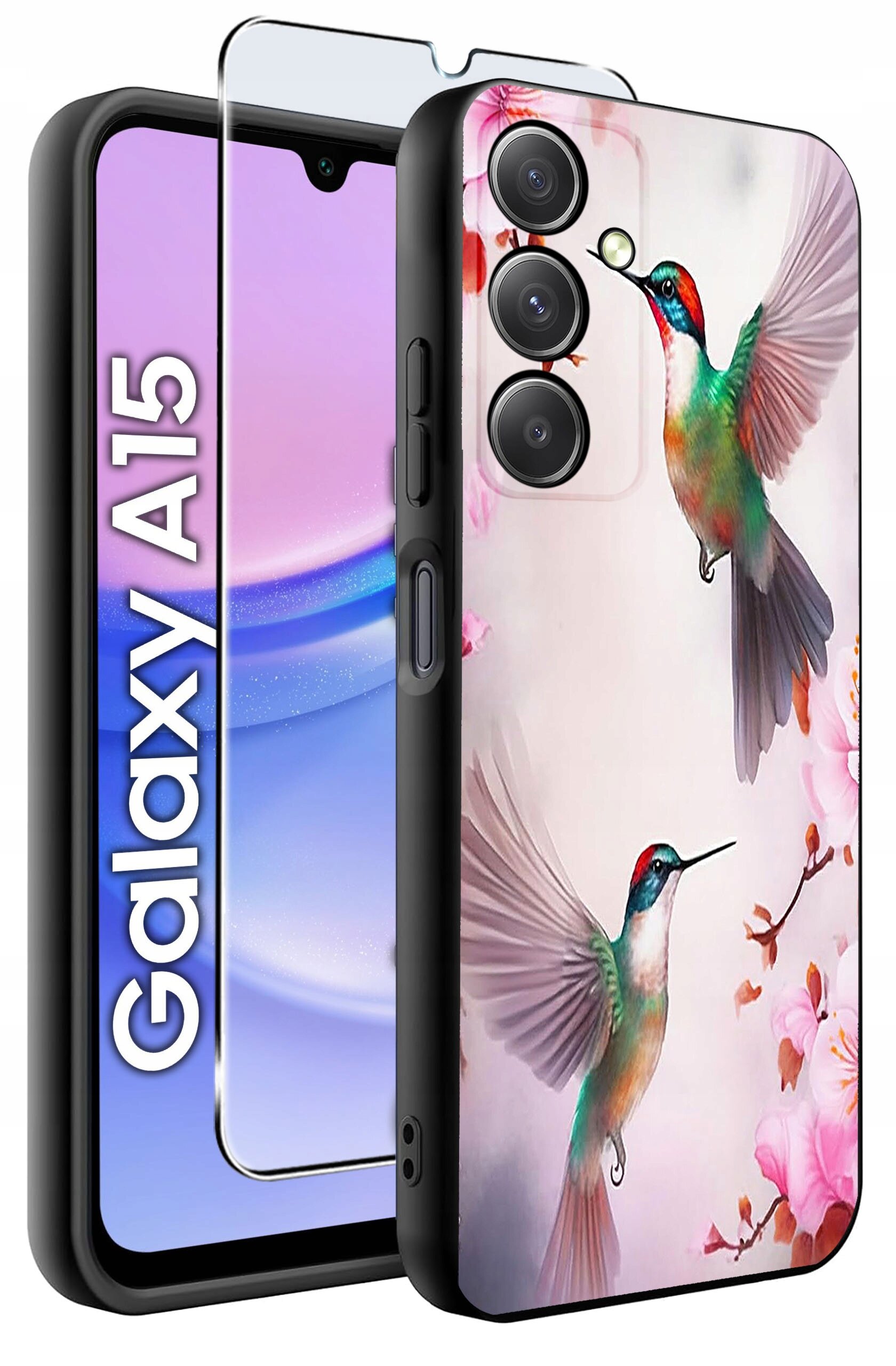 Etui na telefon z kolorowym wzorem kolibrów i kwiatów, obok którego znajduje się szkło ochronne. Na ekranie telefonu widoczny jest napis \'Galaxy A15\'.