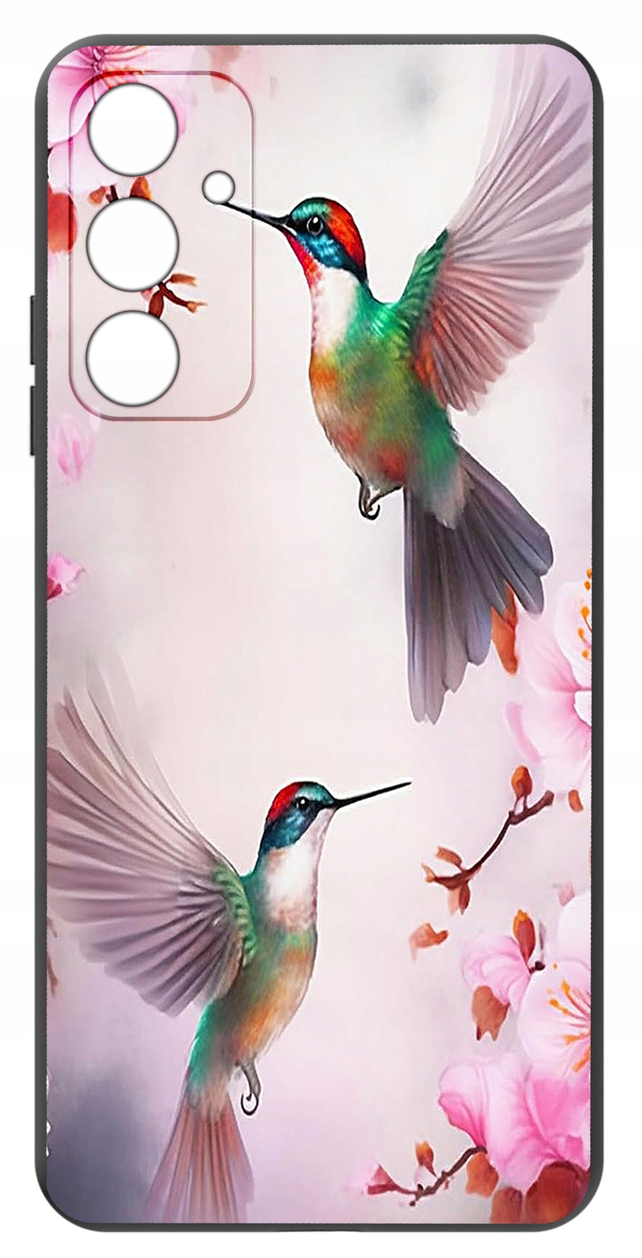 Etui na telefon z kolorowym wzorem przedstawiającym dwa kolibry w locie oraz różowe kwiaty. W górnej części widoczne są wycięcia na aparat.