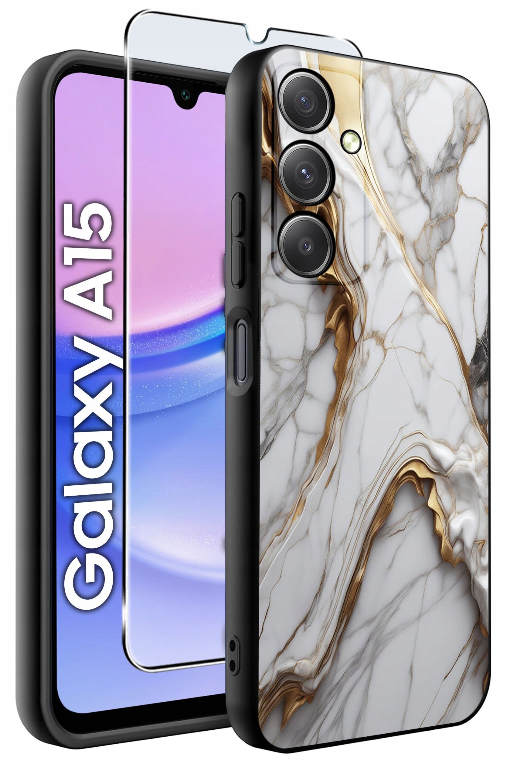 Obraz przedstawia etui na telefon z marmurowym wzorem w odcieniach bieli i złota oraz szkło ochronne. Obok widoczny jest telefon z napisem \'Galaxy A15\'.
