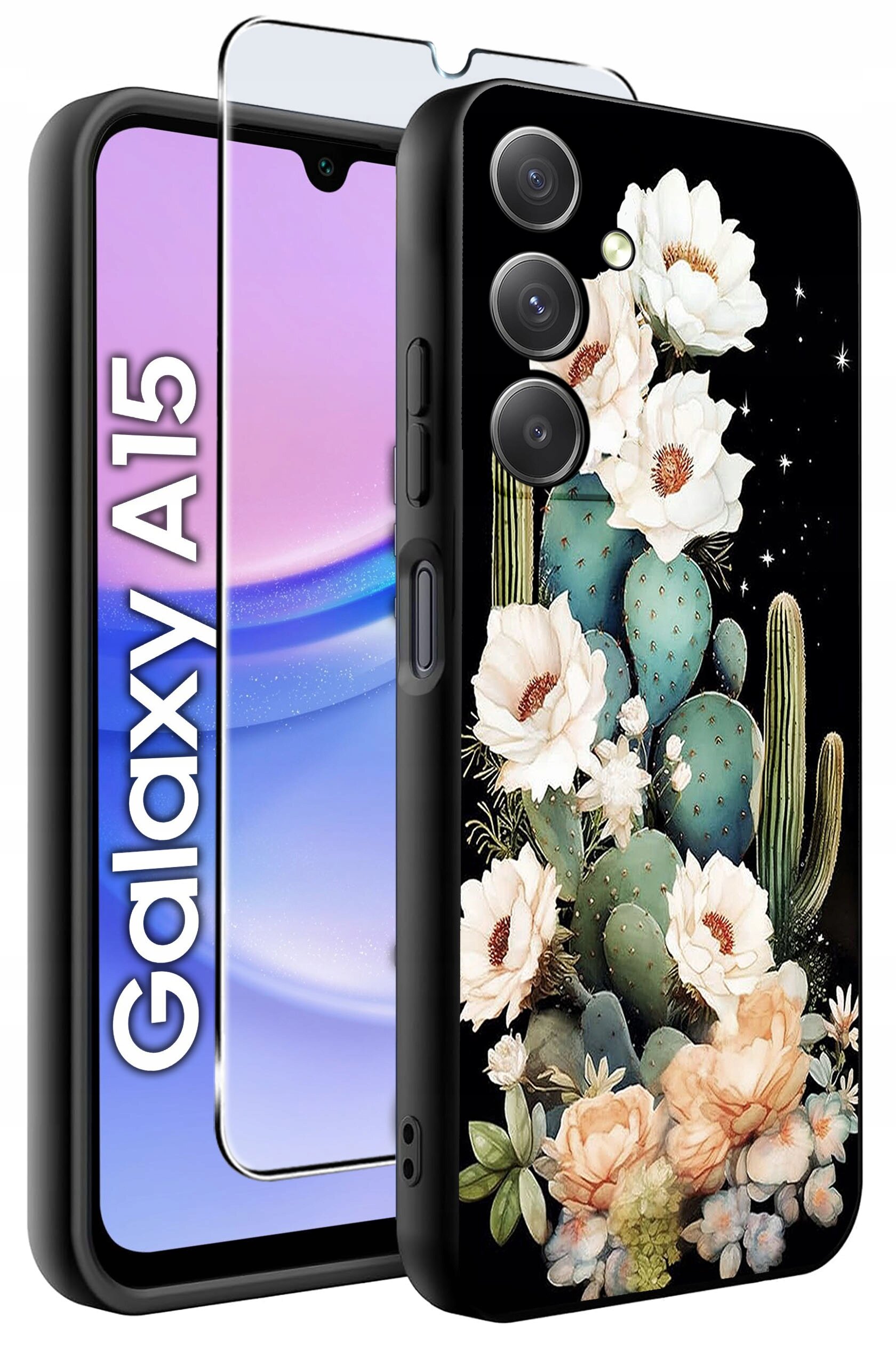 Obraz przedstawia silikonowe etui na telefon z motywem kaktusów i kwiatów oraz szkło ochronne. Na ekranie telefonu widoczny jest napis \'Galaxy A15\'.