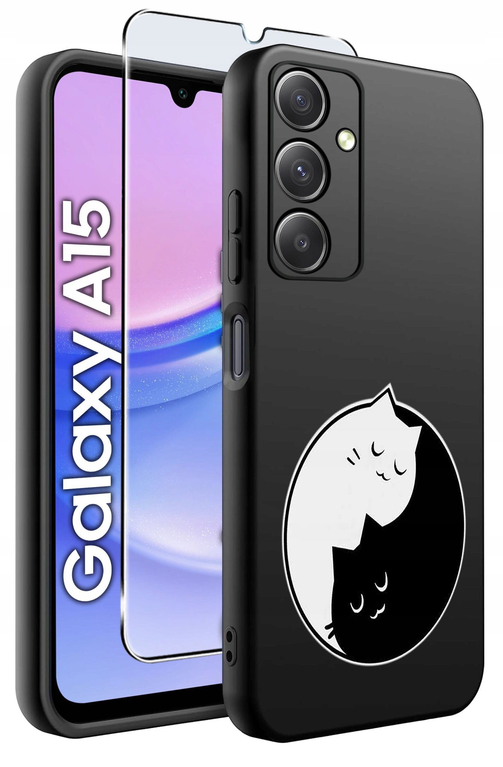 Obraz przedstawia czarne silikonowe etui z grafiką dwóch kotów w stylu yin-yang oraz szkło ochronne na ekran. Na ekranie telefonu widoczny jest napis \'Galaxy A15\'.