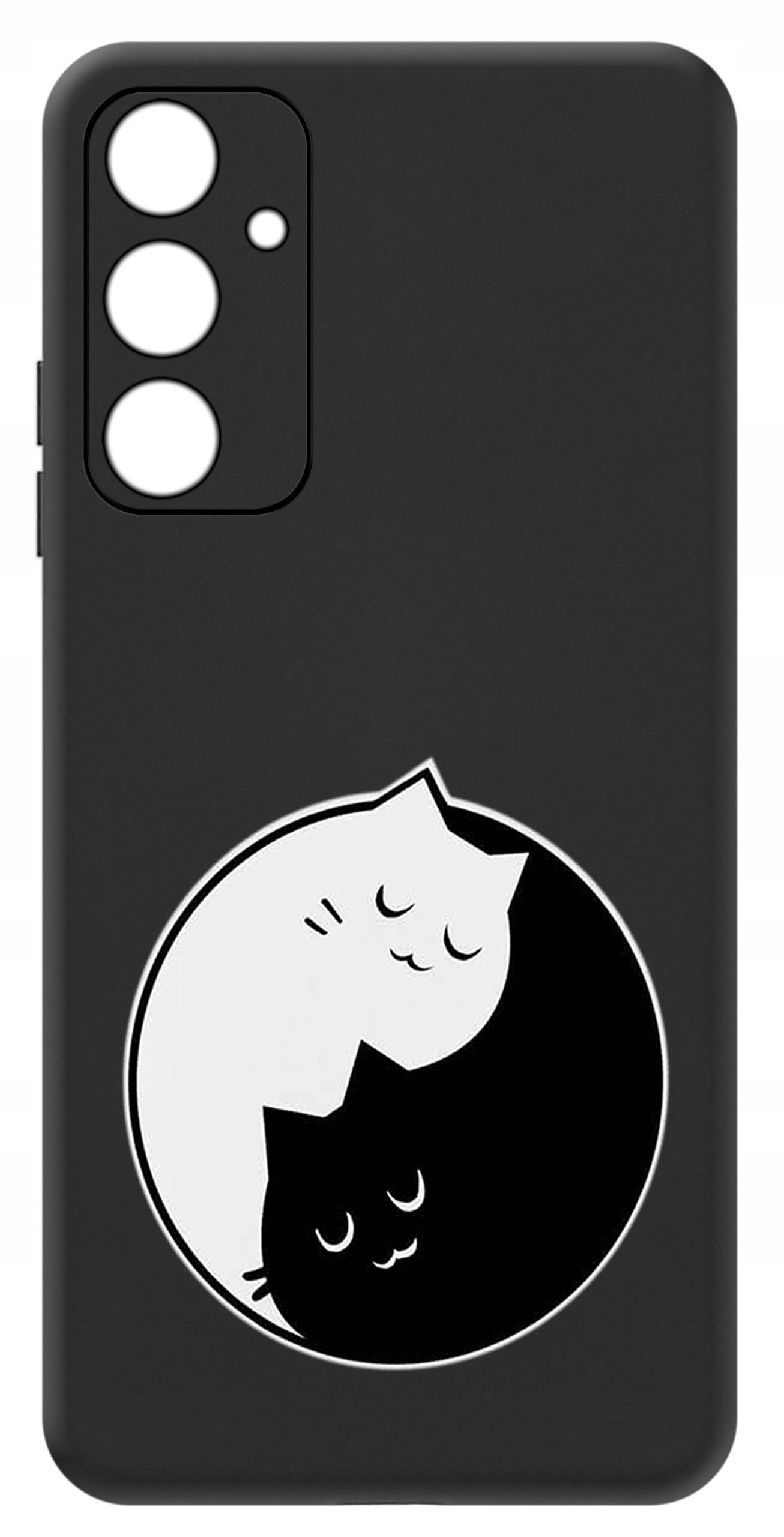 Czarne etui na telefon z wycięciami na aparat i przyciski, ozdobione grafiką dwóch kotów w stylu yin-yang, jeden biały, drugi czarny.