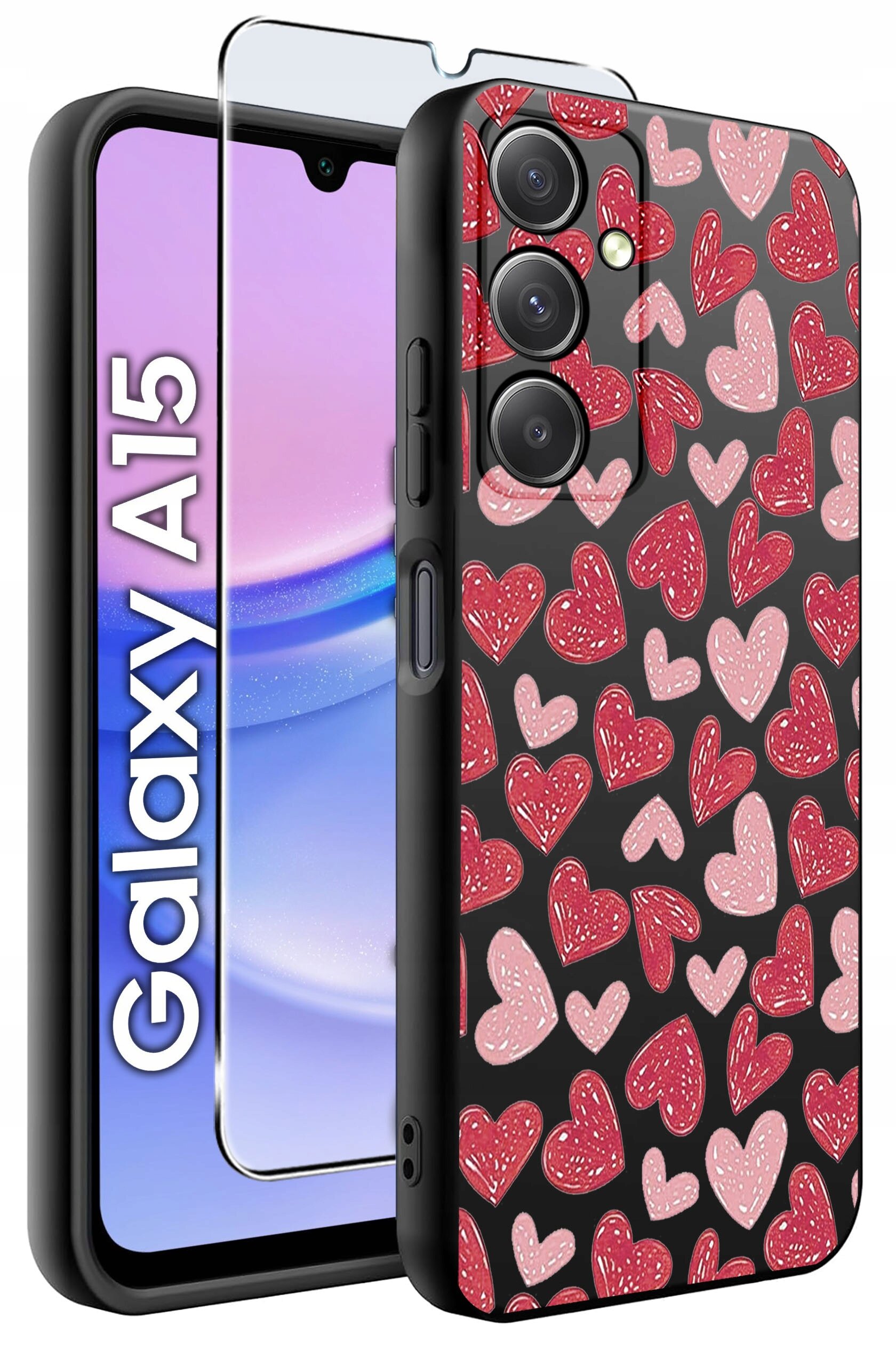 Obraz przedstawia silikonowe etui na telefon z wzorem czerwonych i różowych serc na czarnym tle oraz szkło ochronne. Obok widoczny jest telefon z napisem \'Galaxy A15\'.