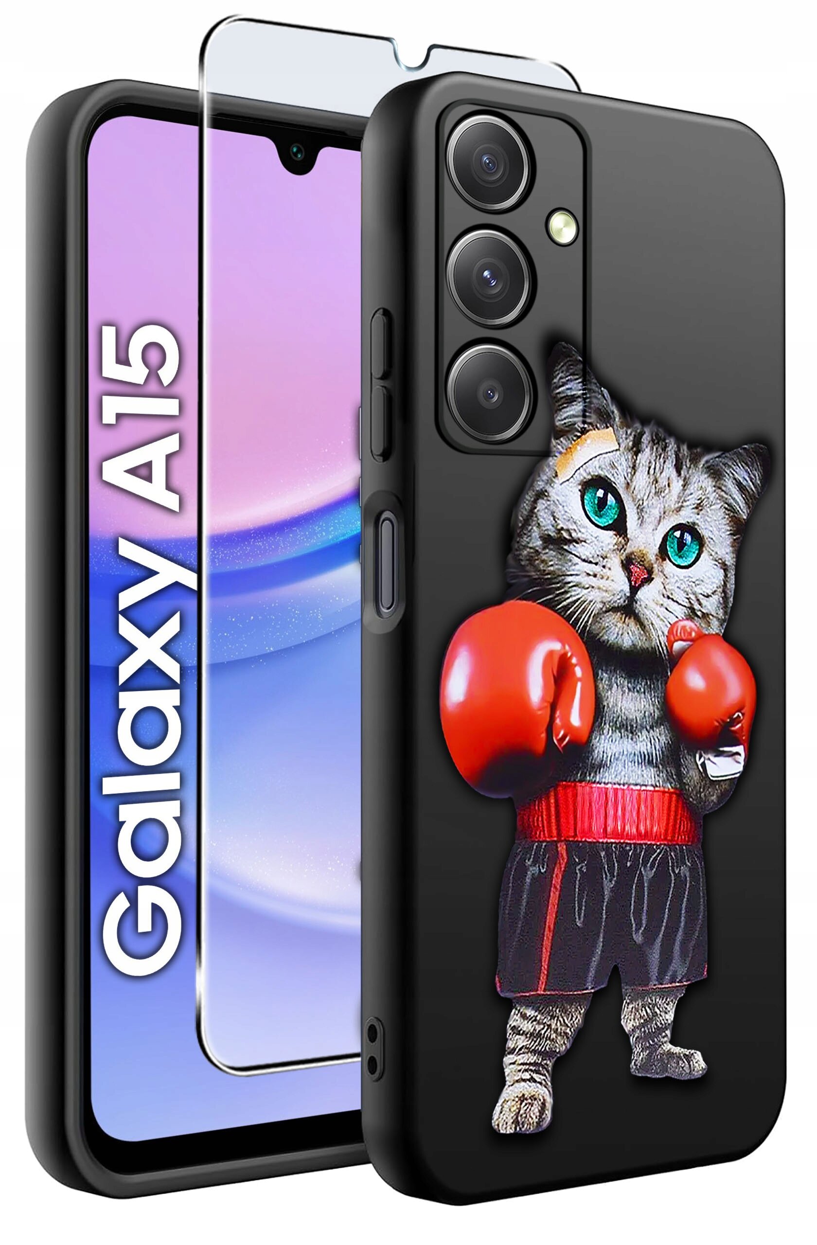Obraz przedstawia etui na telefon z grafiką kota w czerwonych rękawicach bokserskich. Obok etui widoczny jest telefon z napisem \'Galaxy A15\'.