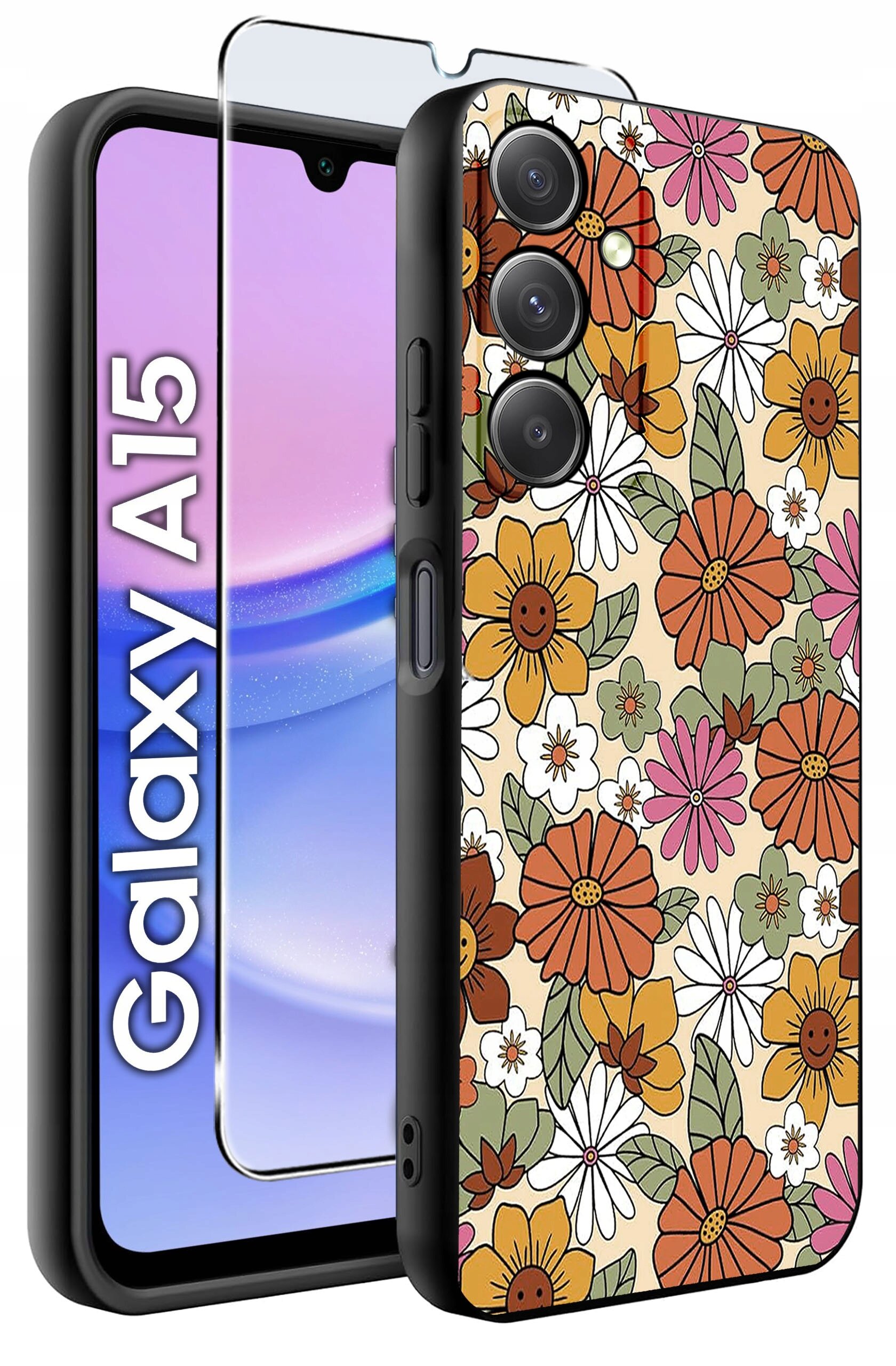 Obraz przedstawia etui na telefon z kolorowym wzorem kwiatów oraz szkło ochronne. Na ekranie telefonu widoczny jest napis \'Galaxy A15\'.