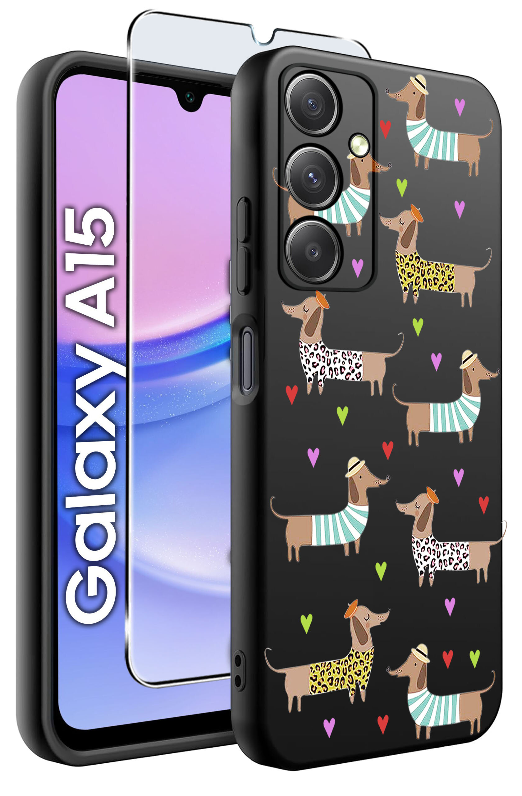 Etui na telefon z wzorem jamników w ubrankach i kolorowymi sercami, obok szkło ochronne. Na ekranie telefonu widoczny napis \'Galaxy A15\'.