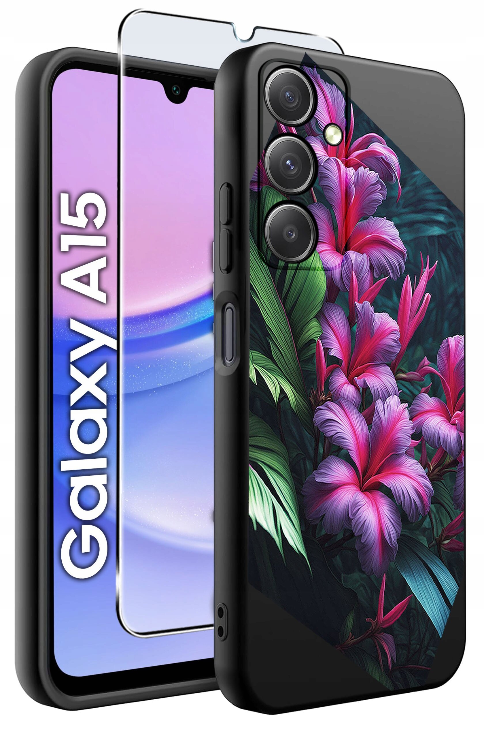 Obraz przedstawia etui na telefon z kolorowym wzorem kwiatów oraz szkło ochronne. Na ekranie telefonu widoczny jest napis \'Galaxy A15\'.