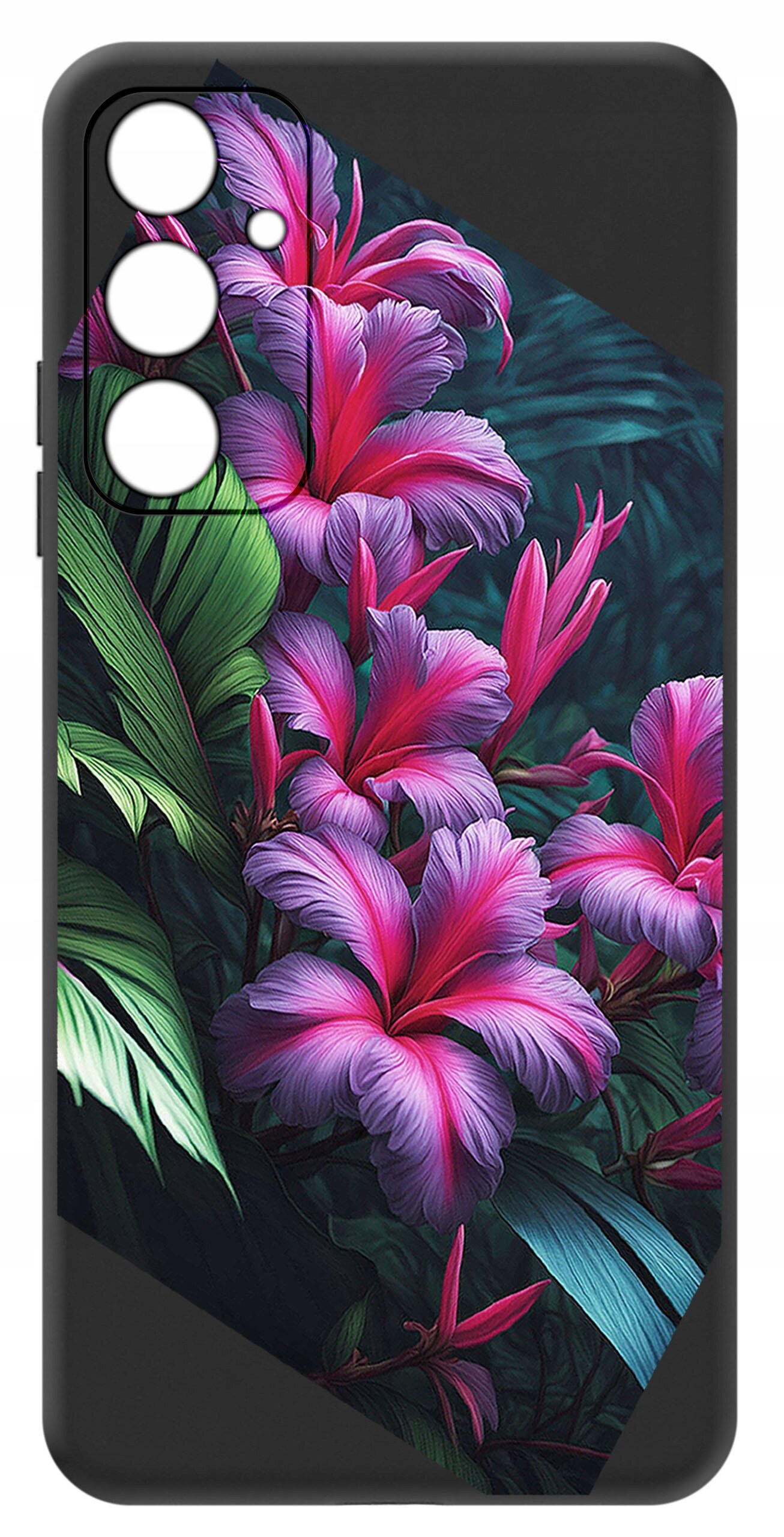 Etui na telefon z motywem kwiatowym, przedstawiające różowe i fioletowe kwiaty na tle zielonych liści. Etui ma wycięcia na aparat i przyciski.