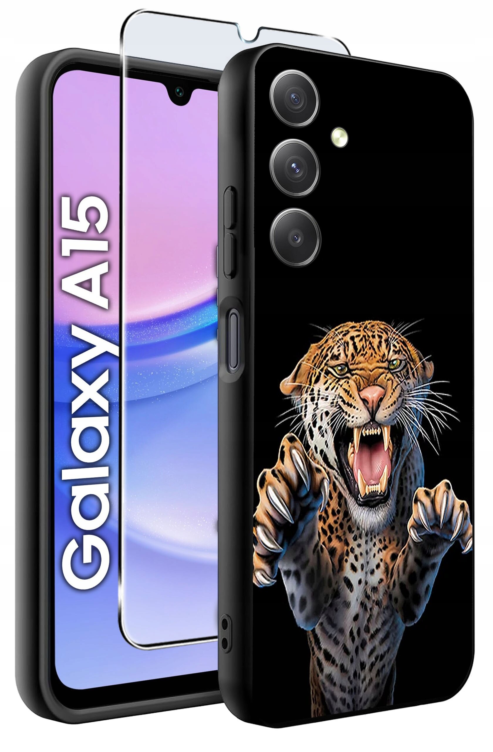 Obraz przedstawia silikonowe etui z nadrukiem ryczącego lamparta oraz szkło ochronne na telefon Galaxy A15. Na ekranie telefonu widoczny jest napis \'Galaxy A15\'.