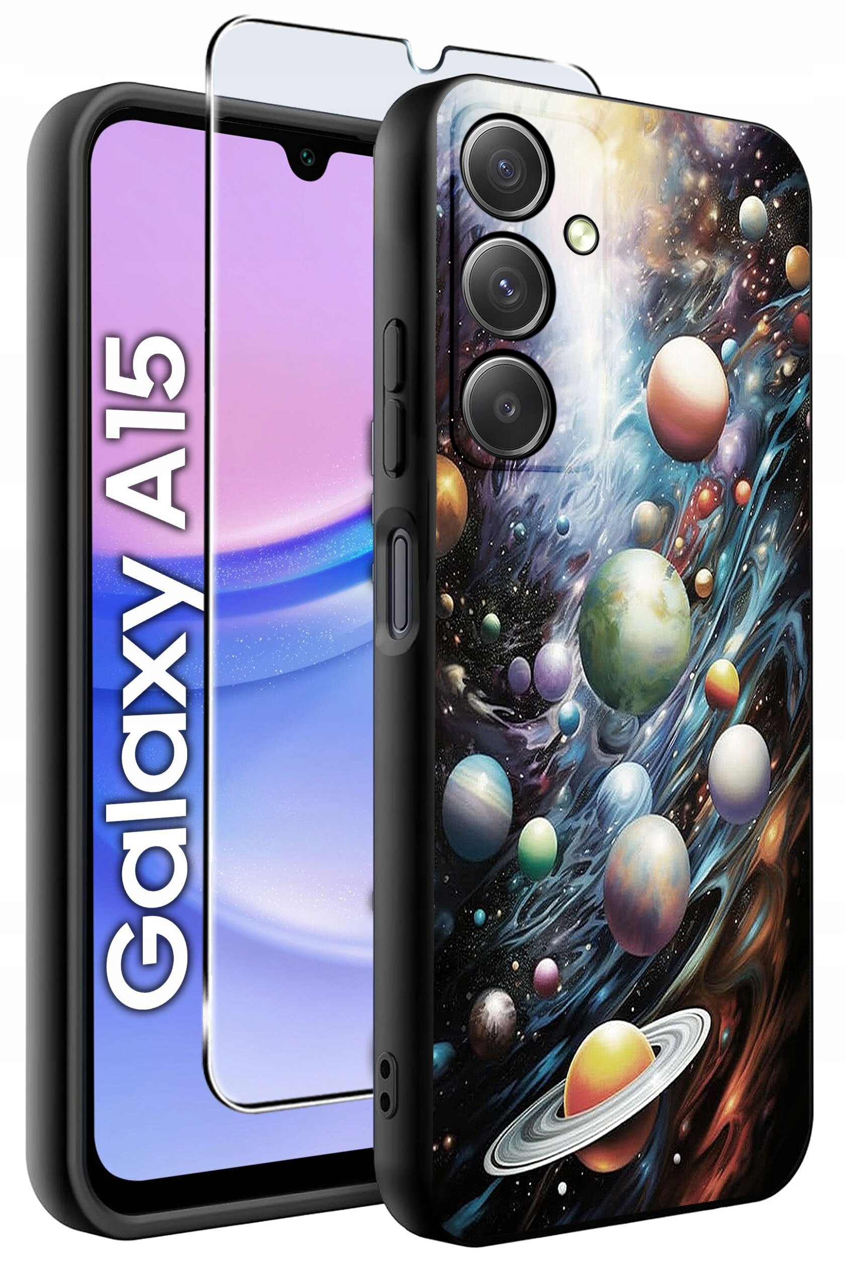 Obraz przedstawia etui na telefon z kolorowym wzorem kosmosu i planet oraz szkło ochronne. Na ekranie telefonu widoczny jest napis \'Galaxy A15\'.
