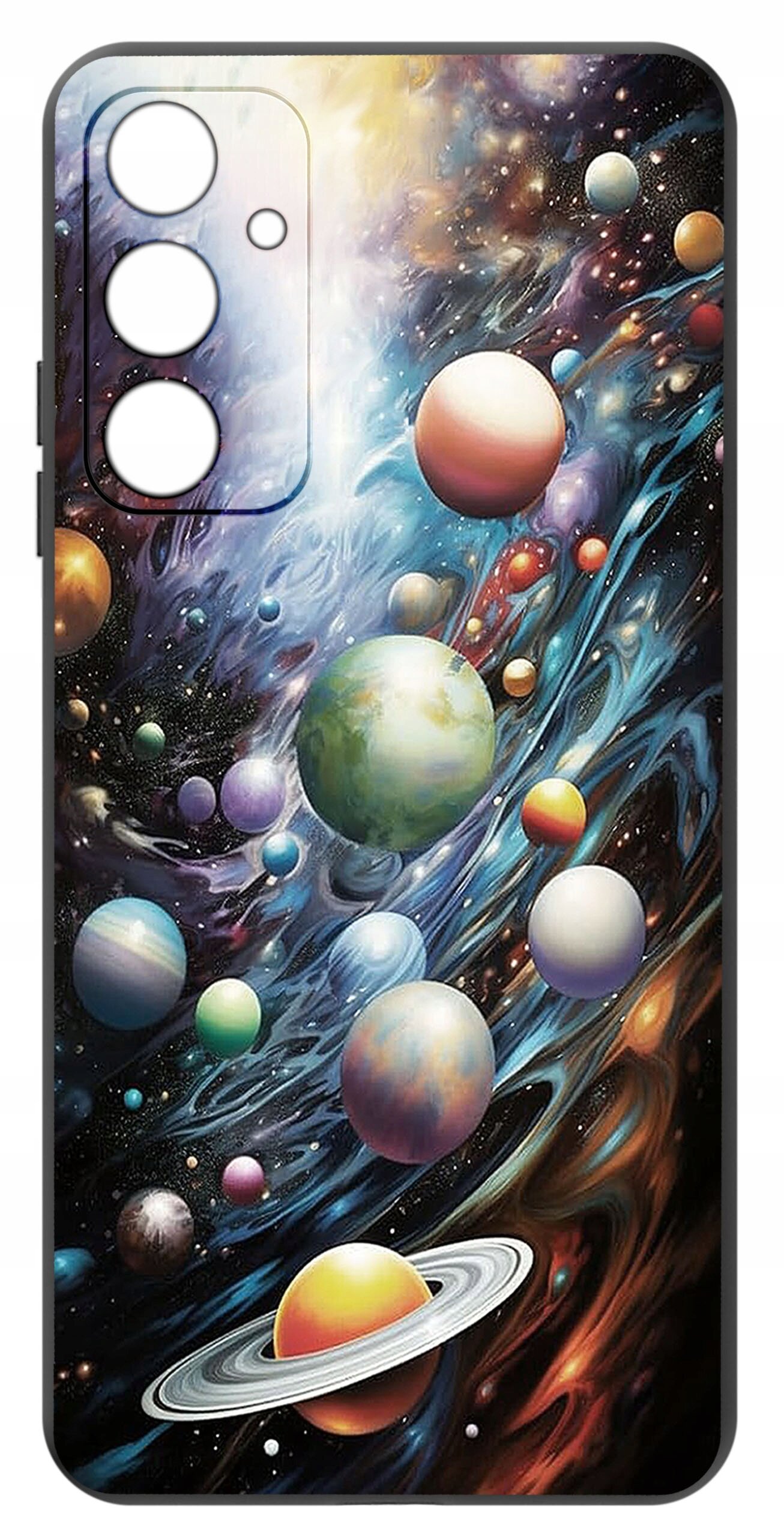 Etui na telefon z kolorowym wzorem przedstawiającym planety na tle kosmosu. W lewym górnym rogu widoczne są wycięcia na aparat.