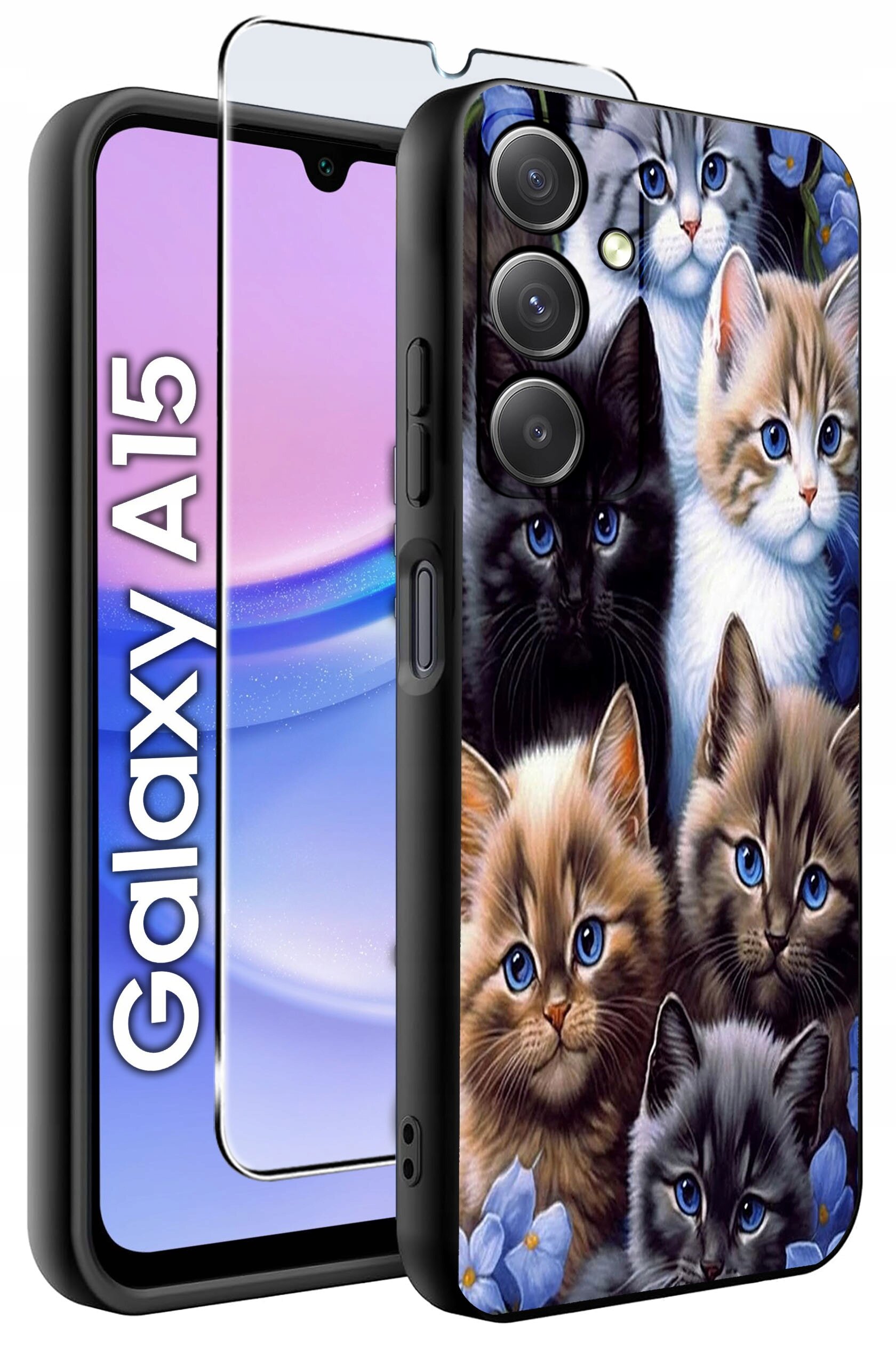 Etui na telefon z nadrukiem kotów, obok którego znajduje się szkło ochronne. Na ekranie telefonu widoczny jest napis \'Galaxy A15\'.