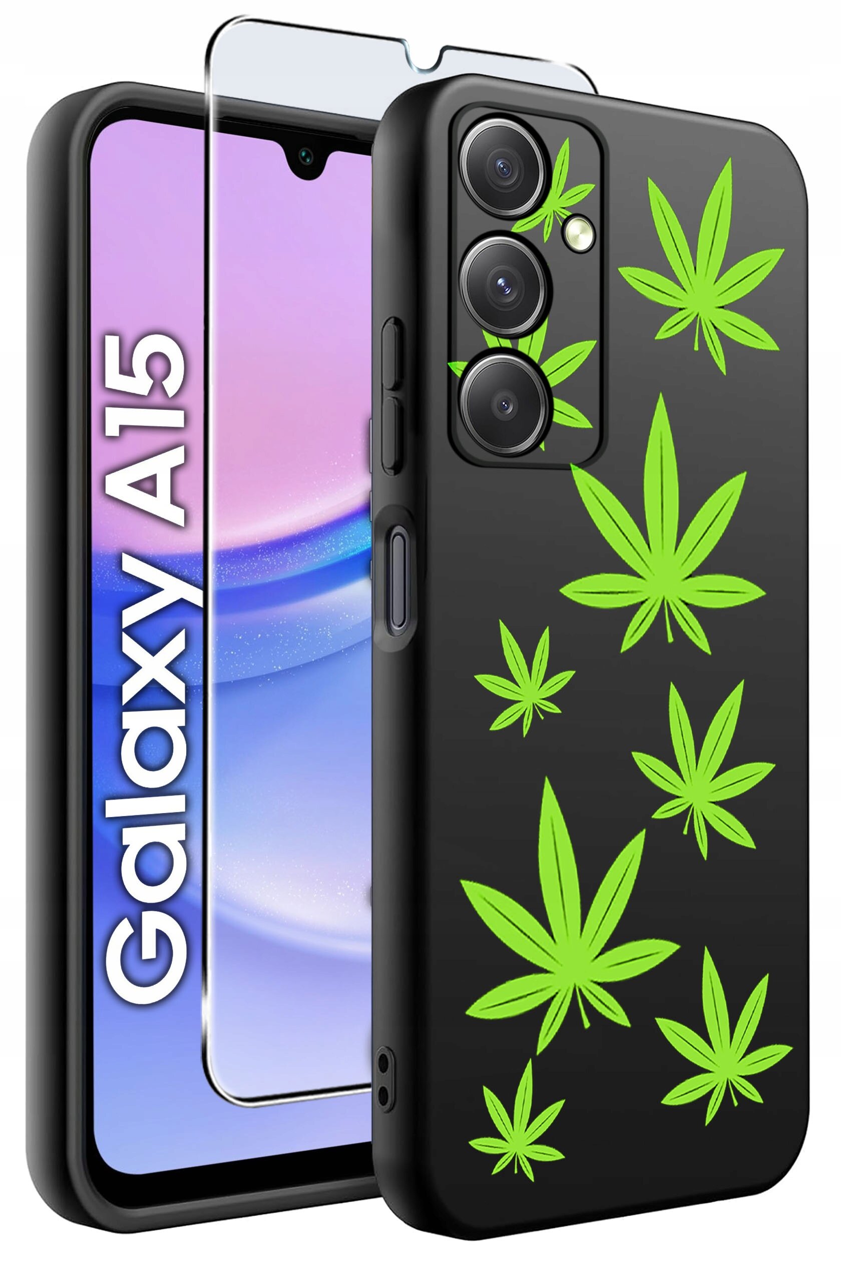 Czarne silikonowe etui z zielonymi wzorami liści, przeznaczone do telefonu Galaxy A15. Obok etui znajduje się szkło ochronne oraz widoczny napis \'Galaxy A15\'.