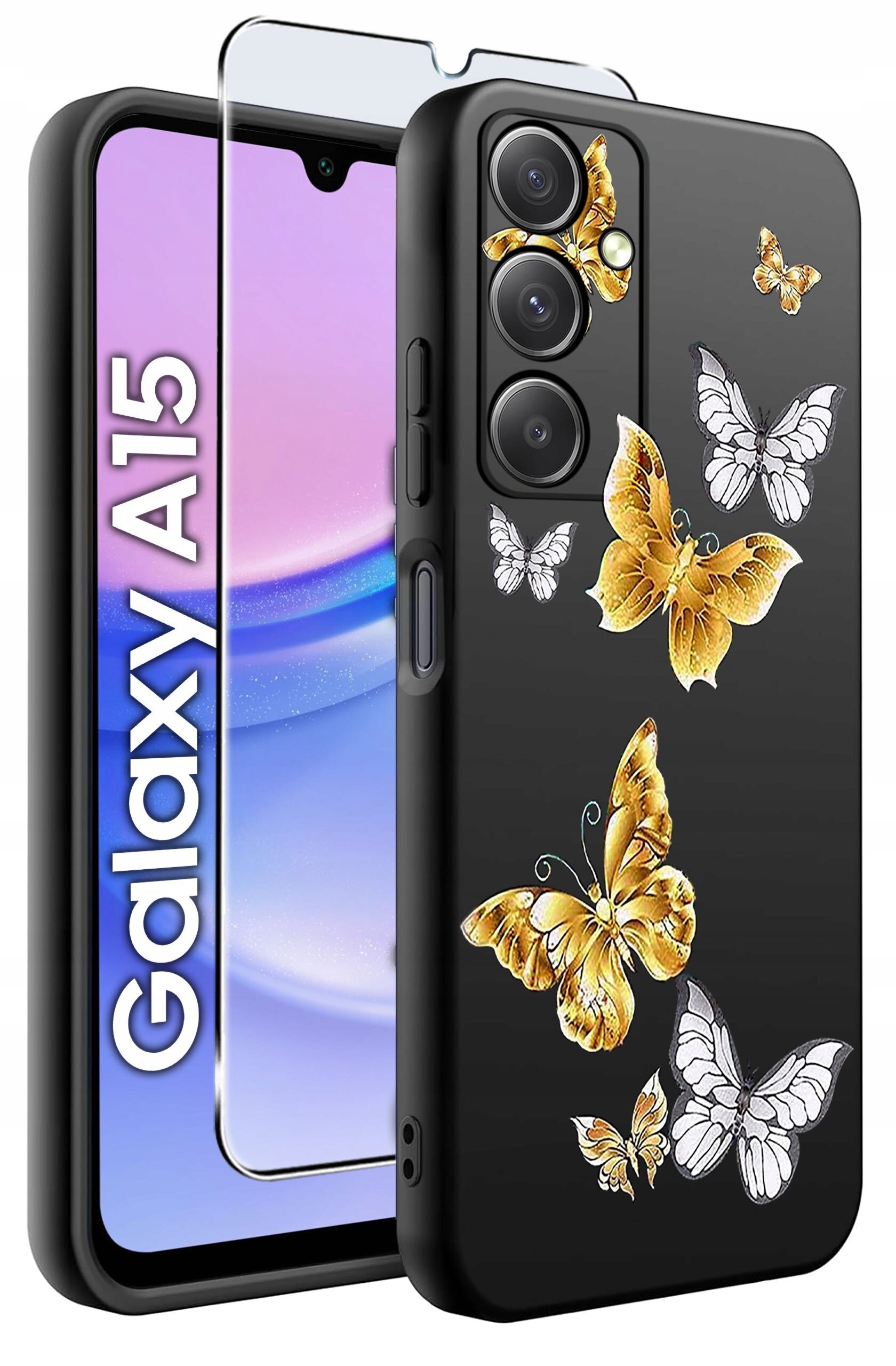 Czarne silikonowe etui z motywem złotych i białych motyli, obok którego znajduje się szkło ochronne na ekran. Na ekranie telefonu widoczny jest napis \'Galaxy A15\'.