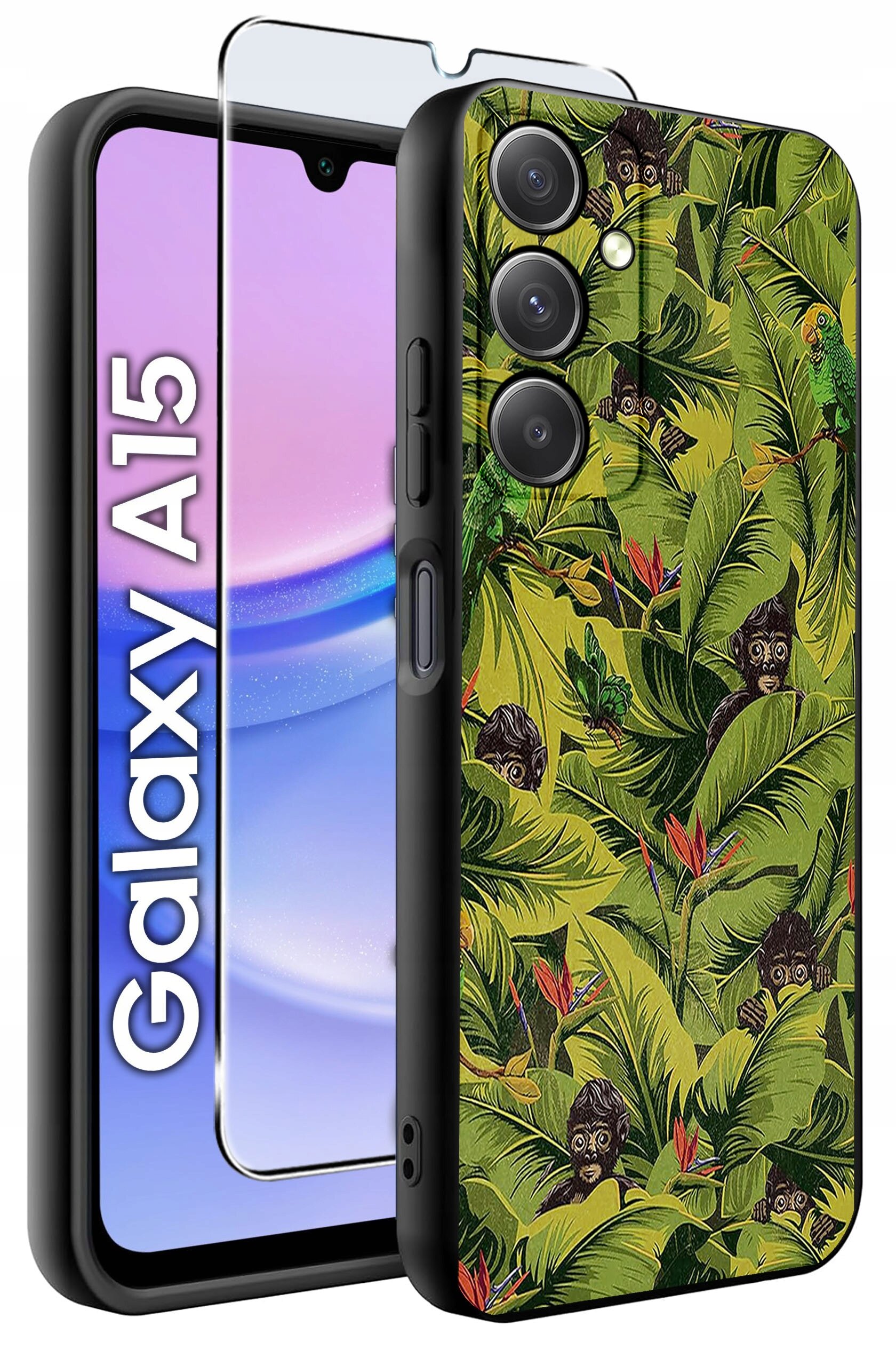 Obraz przedstawia etui na telefon z motywem tropikalnym, z liśćmi i małpami, oraz szkło ochronne. Obok widoczny jest telefon z napisem \'Galaxy A15\'.