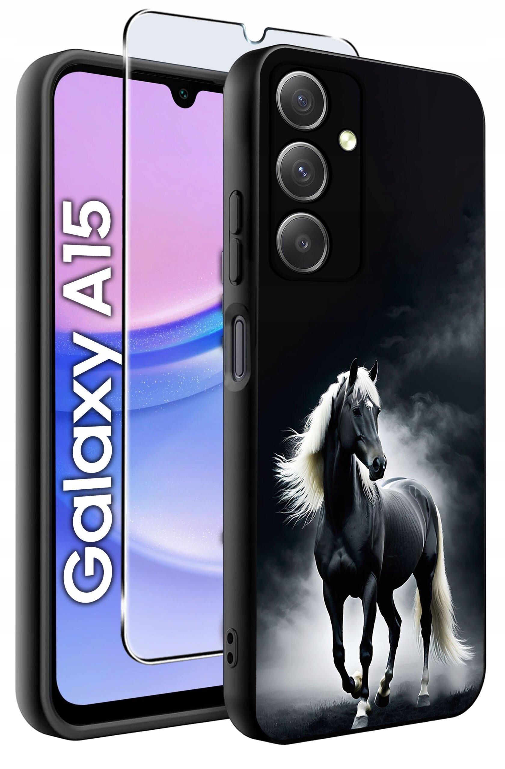 Obraz przedstawia etui na telefon z nadrukiem czarnego konia na tle chmur. Obok etui widoczny jest telefon z napisem \'Galaxy A15\' oraz szkło ochronne.