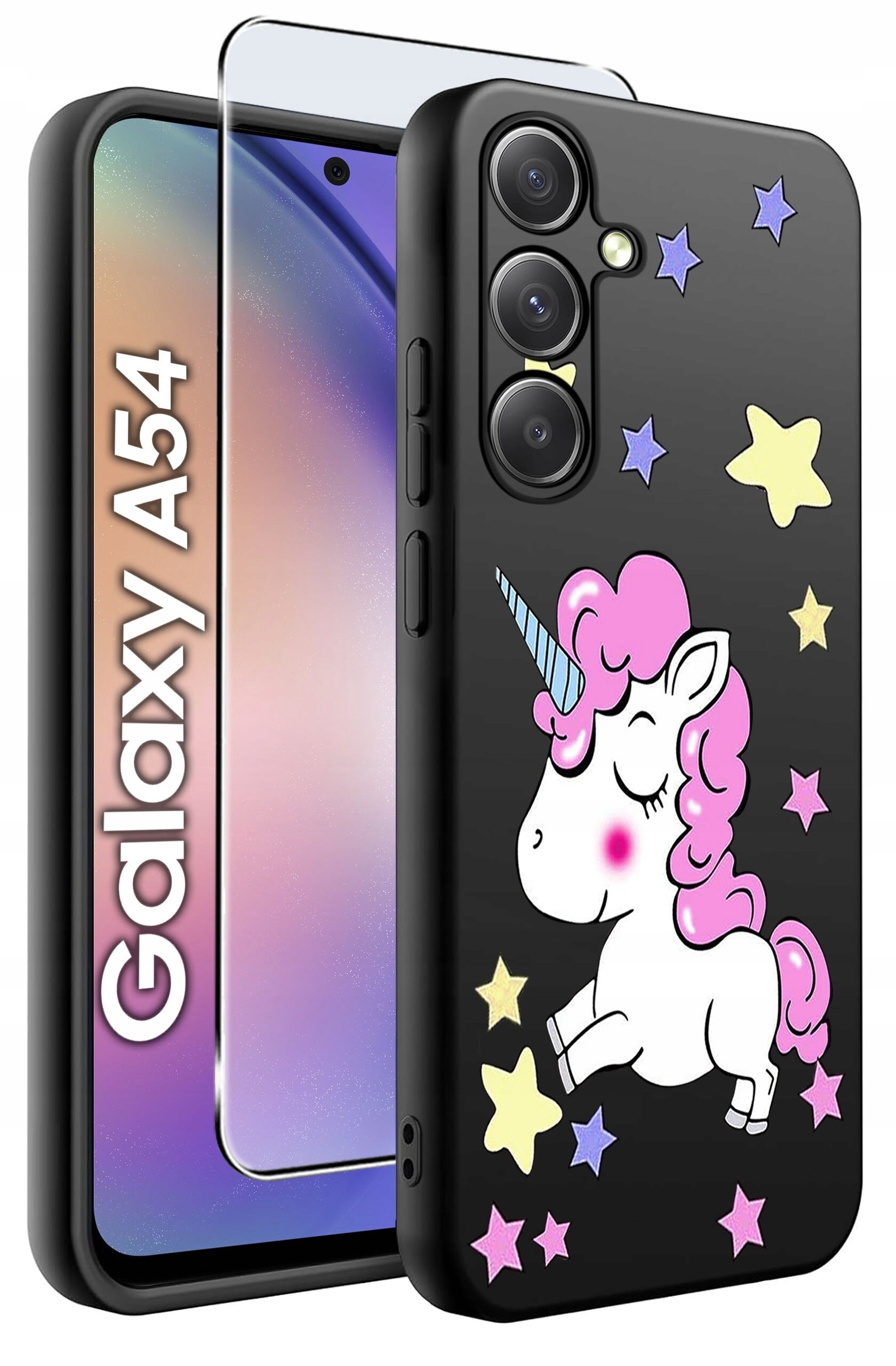 Obraz przedstawia czarne etui na telefon z kolorowym jednorożcem i gwiazdkami oraz szkło ochronne. Obok widoczny jest napis \'Galaxy A54\'.