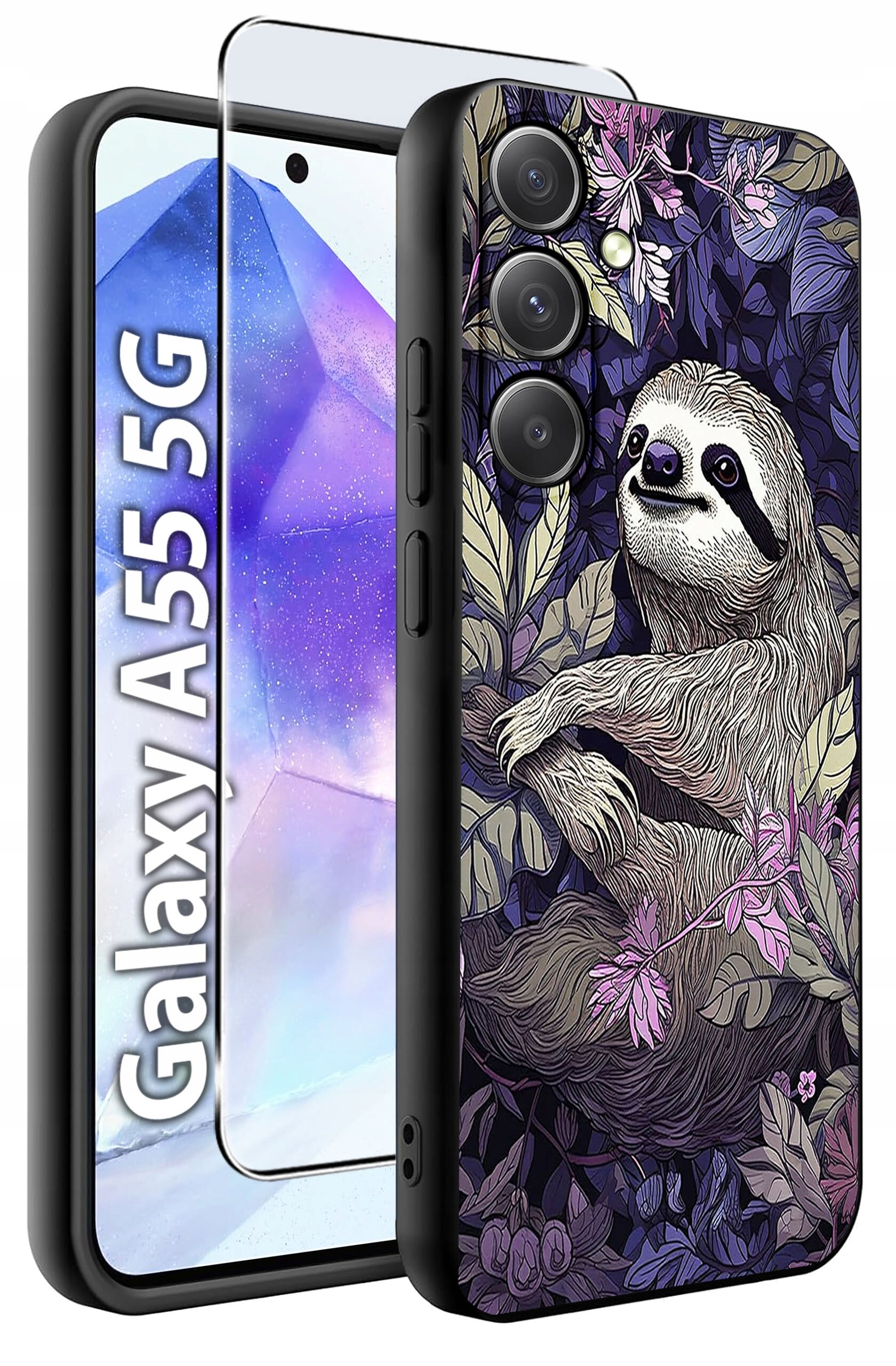 Etui na telefon z motywem leniwca wśród liści i kwiatów, obok widoczne szkło hartowane. Na ekranie telefonu napis \'Galaxy A55 5G\'.