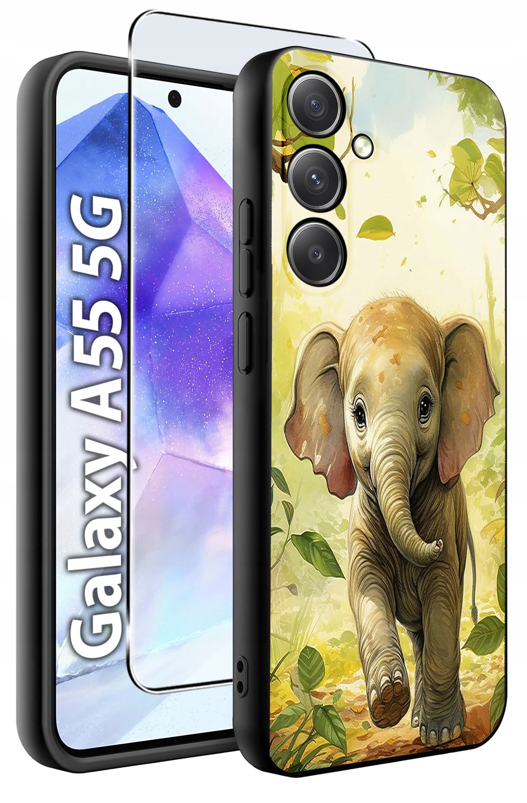 Etui na telefon z motywem słonia oraz szkło hartowane, obok widoczny napis \'Galaxy A55 5G\'.