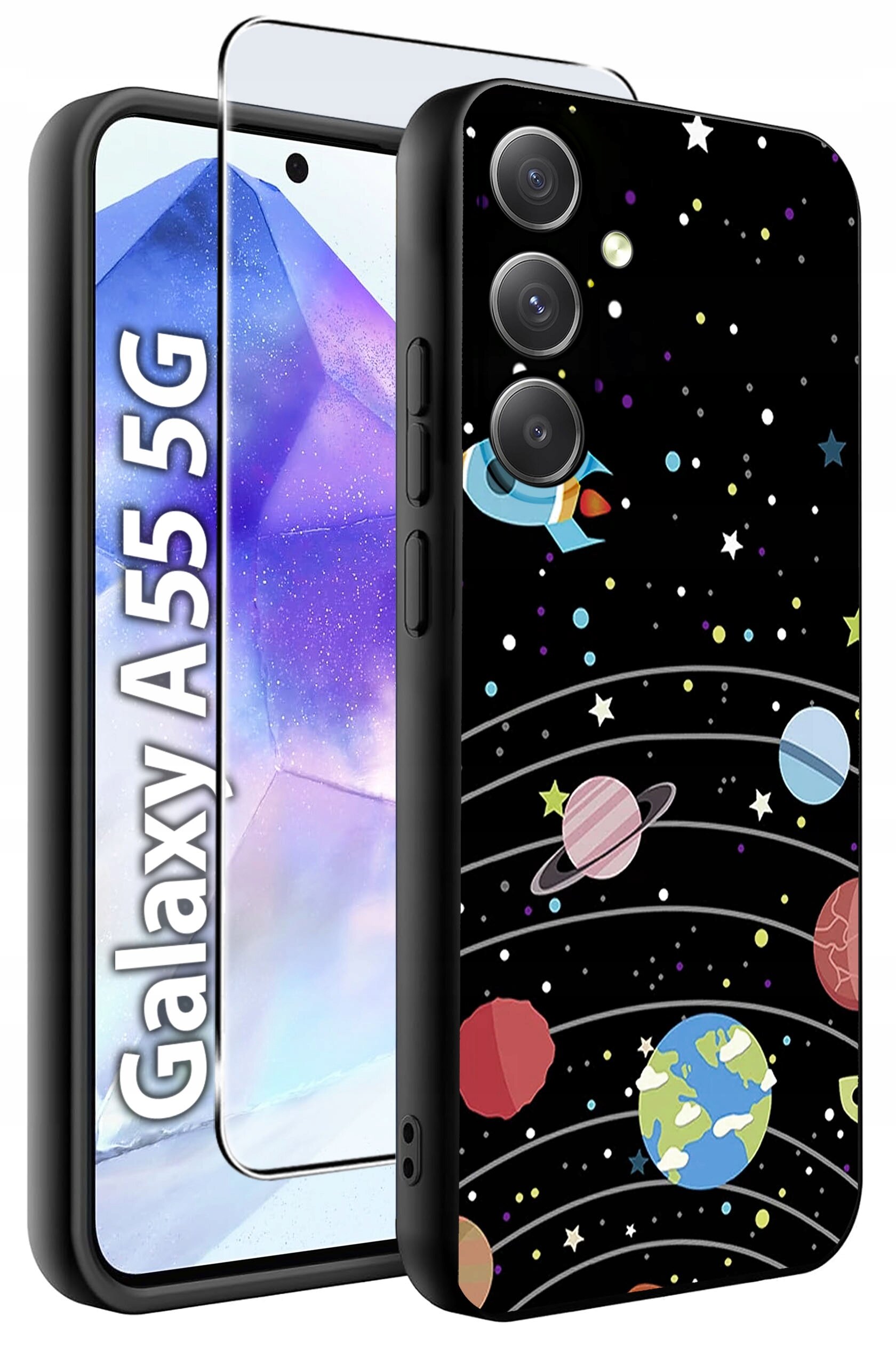 Etui na telefon z motywem kosmosu, przedstawiające planety i gwiazdy na czarnym tle. Obok znajduje się szkło hartowane oraz napis \'Galaxy A55 5G\'.