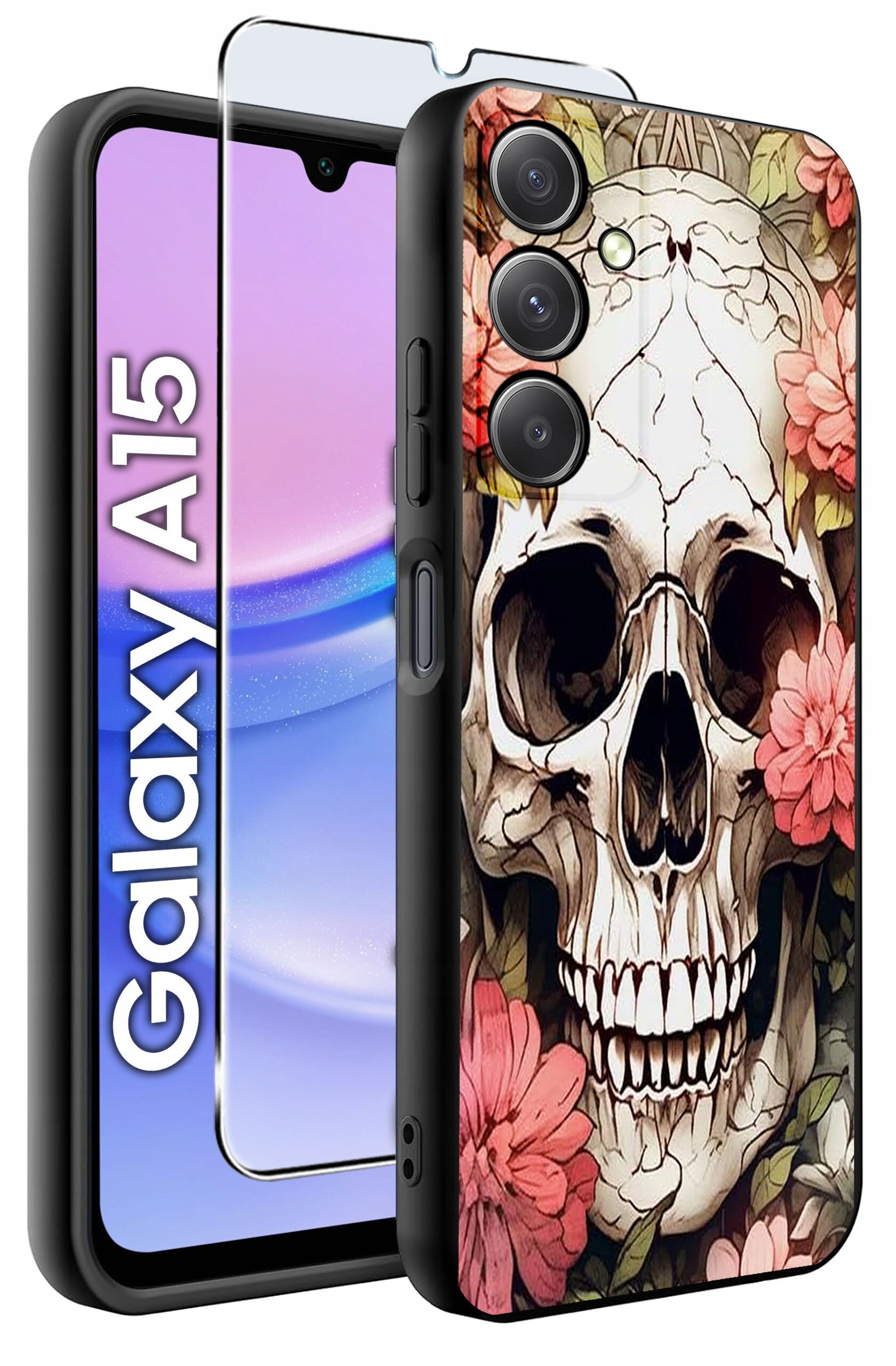 Obraz przedstawia etui na telefon z motywem czaszki otoczonej kwiatami oraz szkło ochronne. Na ekranie telefonu widoczny jest napis \'Galaxy A15\'.