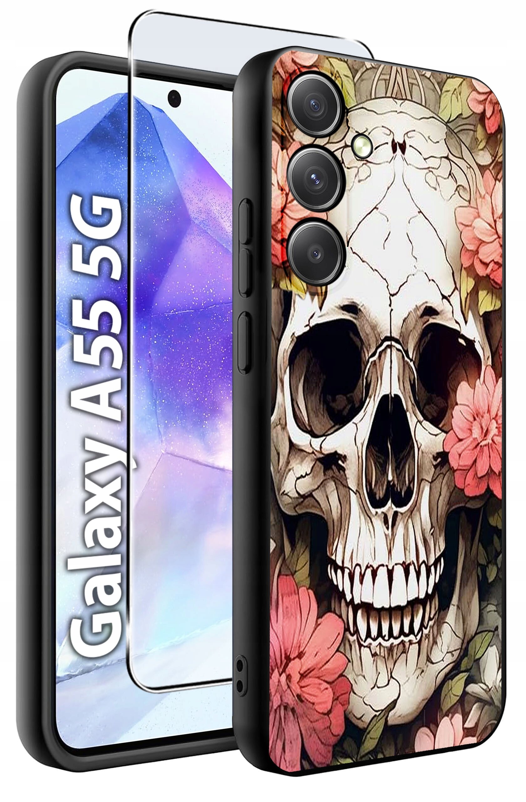 Etui na telefon z motywem czaszki otoczonej kwiatami, obok widoczne szkło hartowane. Na ekranie telefonu napis \'Galaxy A55 5G\'.