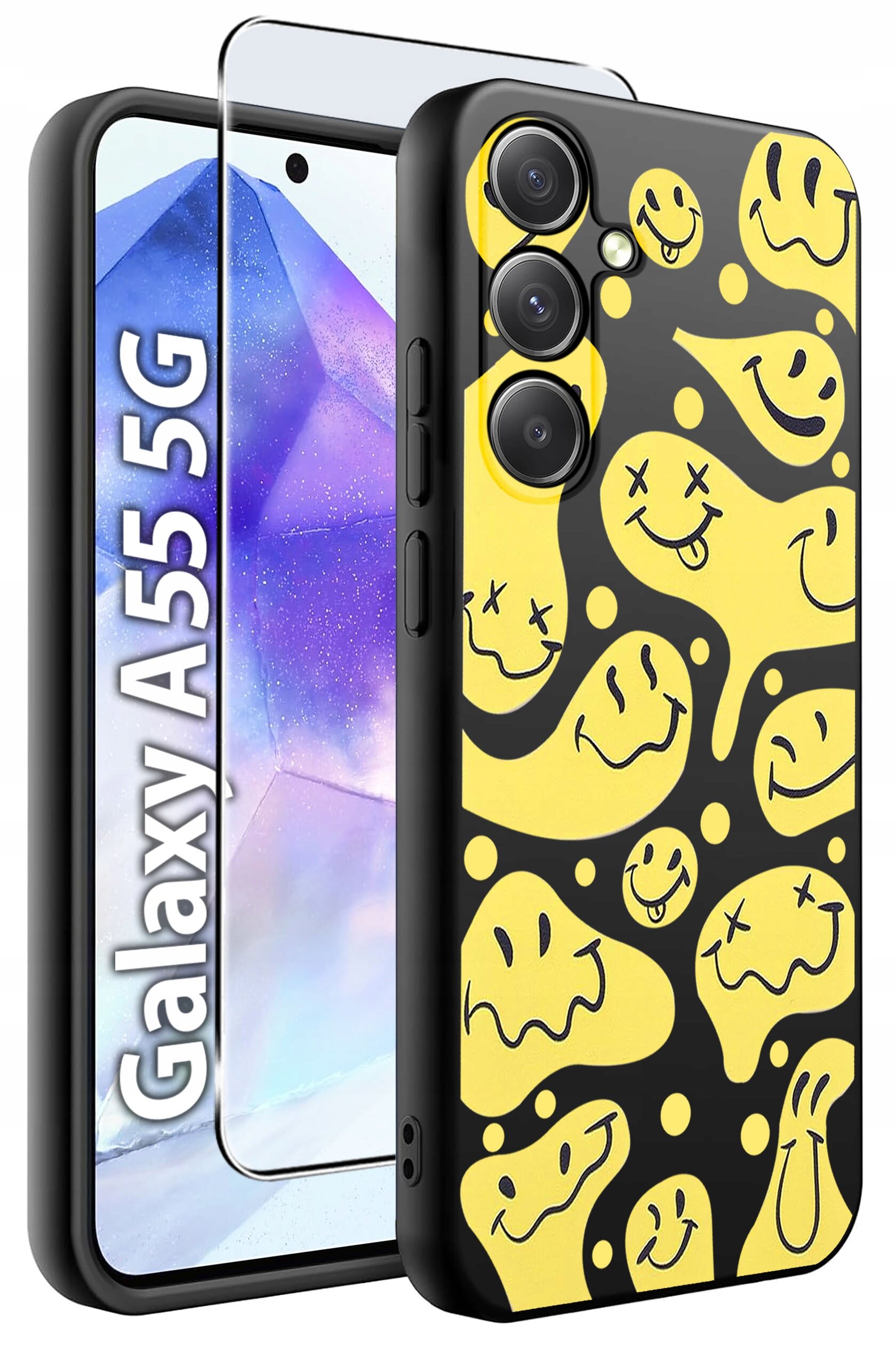 Obraz przedstawia etui na telefon z żółtymi wzorami uśmiechniętych twarzy na czarnym tle oraz szkło hartowane. Widoczny jest napis \'Galaxy A55 5G\'.