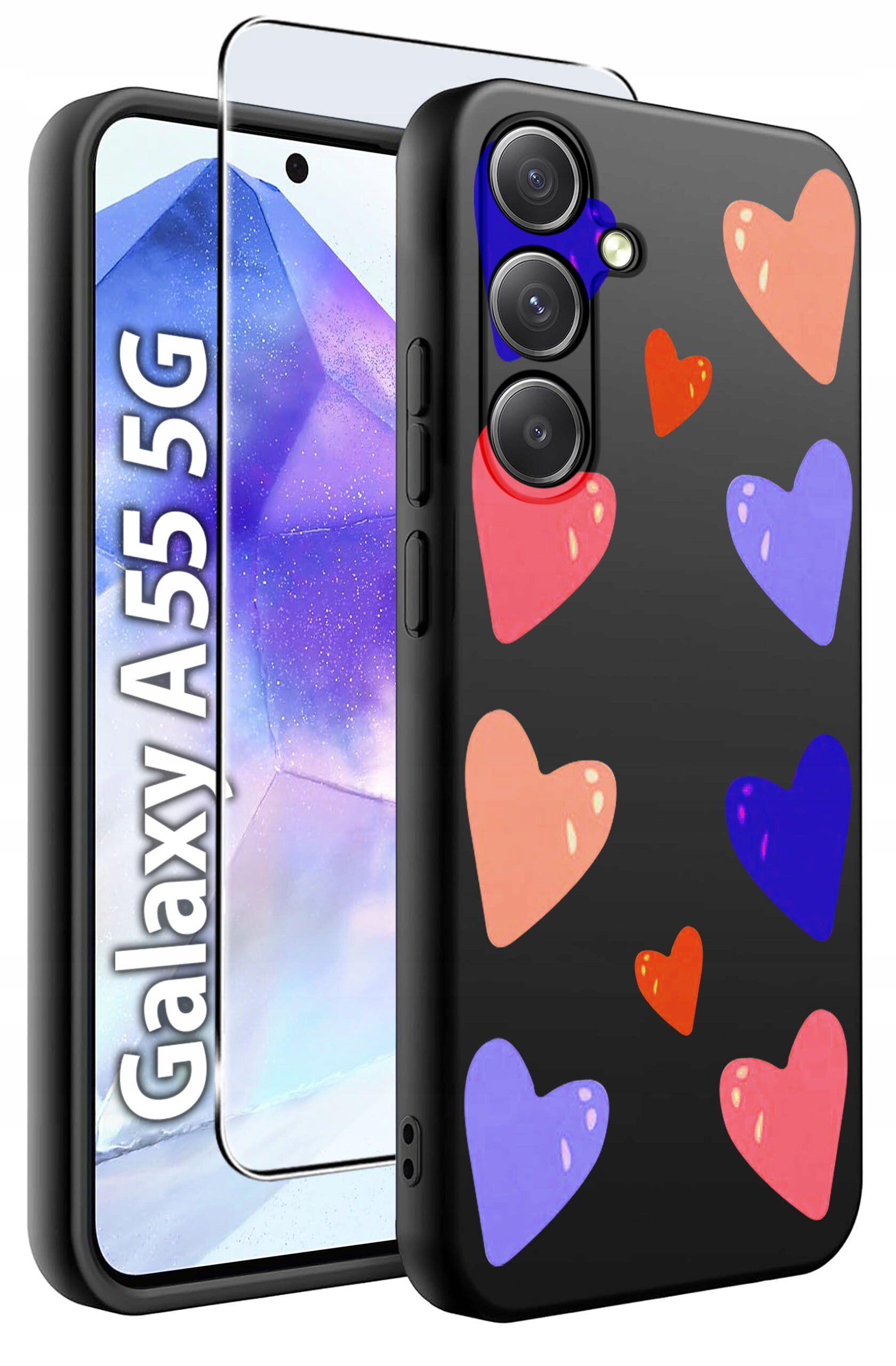 Obraz przedstawia czarne etui na telefon z kolorowymi sercami oraz szkło hartowane. Na ekranie telefonu widoczny jest napis \'Galaxy A55 5G\'.