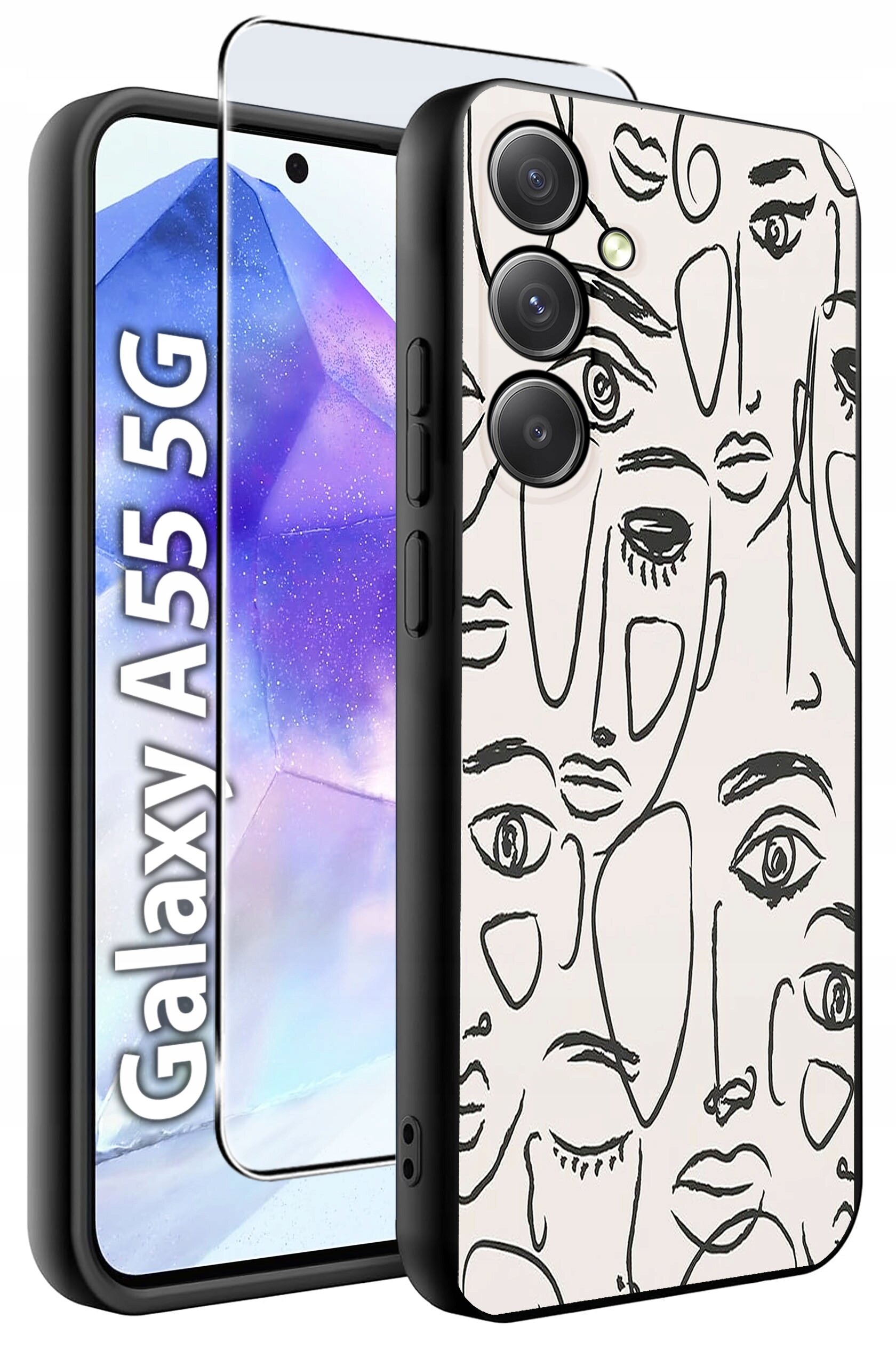 Etui na telefon z abstrakcyjnymi wzorami twarzy, obok którego znajduje się szkło hartowane. Na ekranie telefonu widoczny jest napis \'Galaxy A55 5G\'.