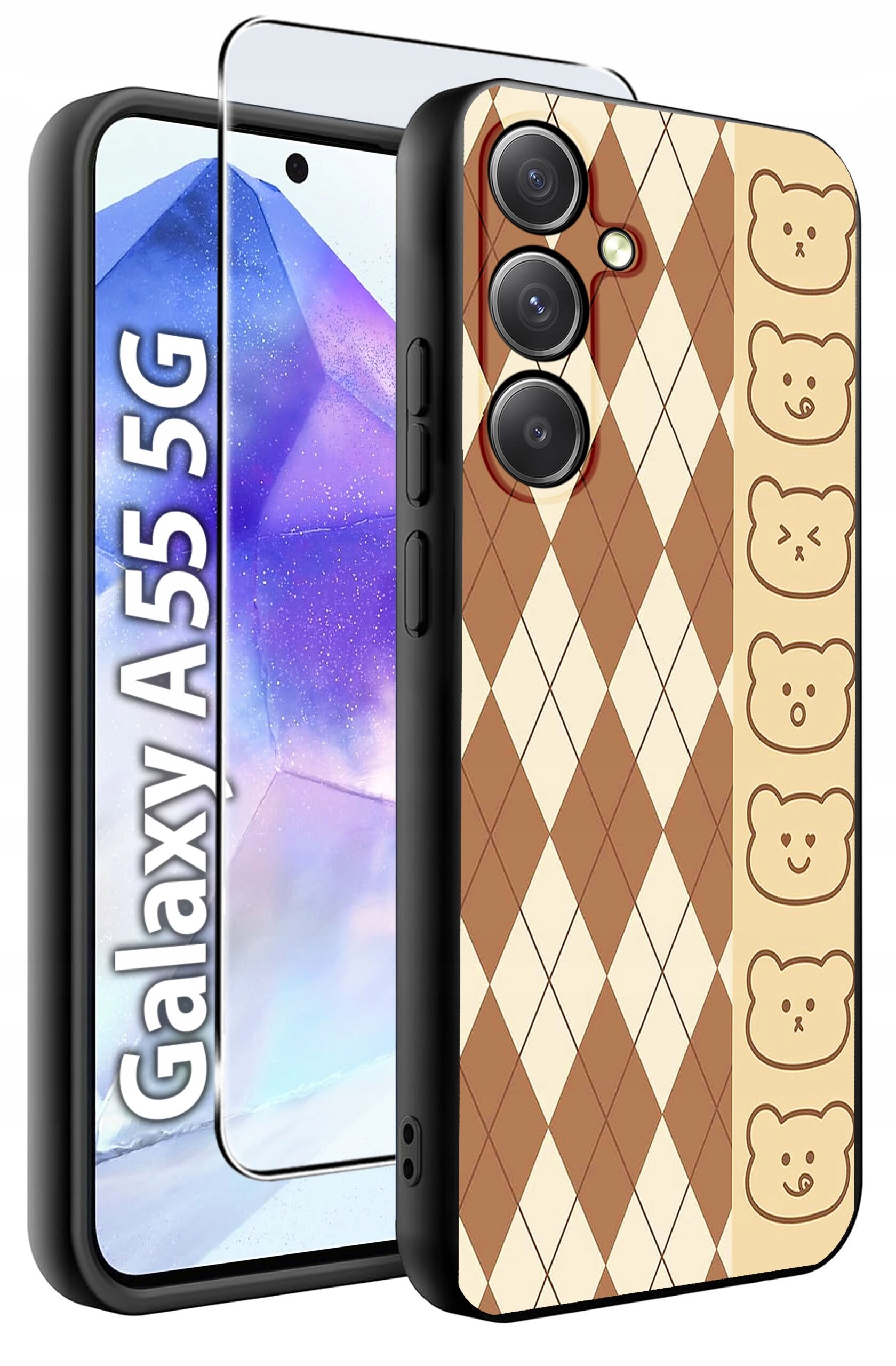 Obraz przedstawia etui na telefon z wzorem w romby i rysunkami misiów na brązowym tle. Obok etui widoczny jest telefon z napisem \'Galaxy A55 5G\' oraz szkło hartowane.