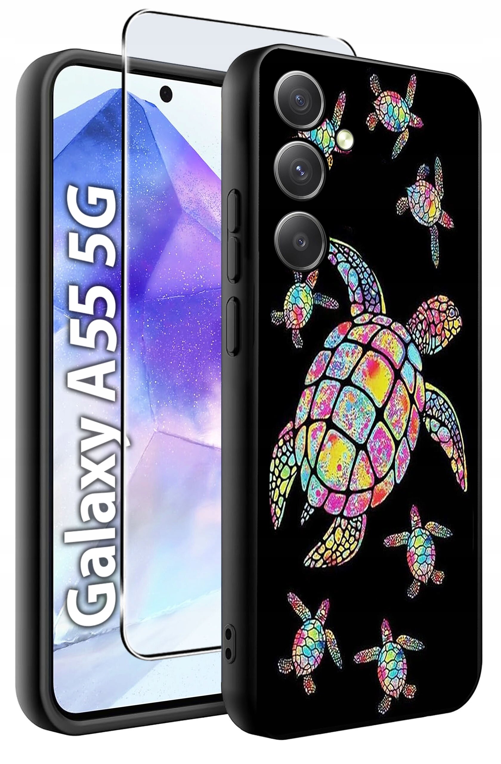 Obraz przedstawia etui na telefon z kolorowym wzorem żółwi na czarnym tle oraz szkło hartowane. Widoczny jest napis \'Galaxy A55 5G\'.