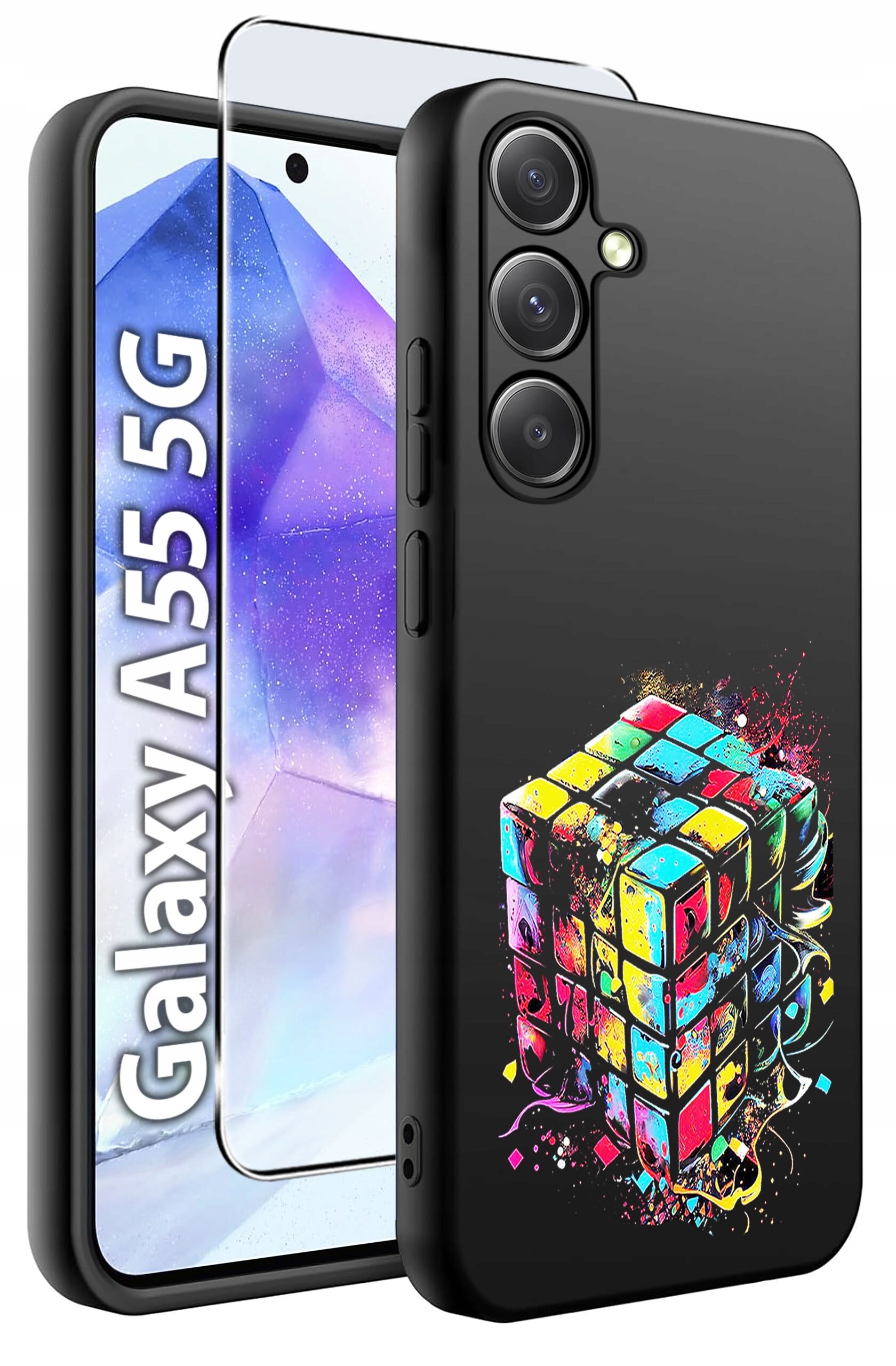 Obraz przedstawia czarne etui na telefon z kolorowym wzorem przypominającym kostkę Rubika oraz szkło hartowane. Na ekranie telefonu widoczny jest napis \'Galaxy A55 5G\'.