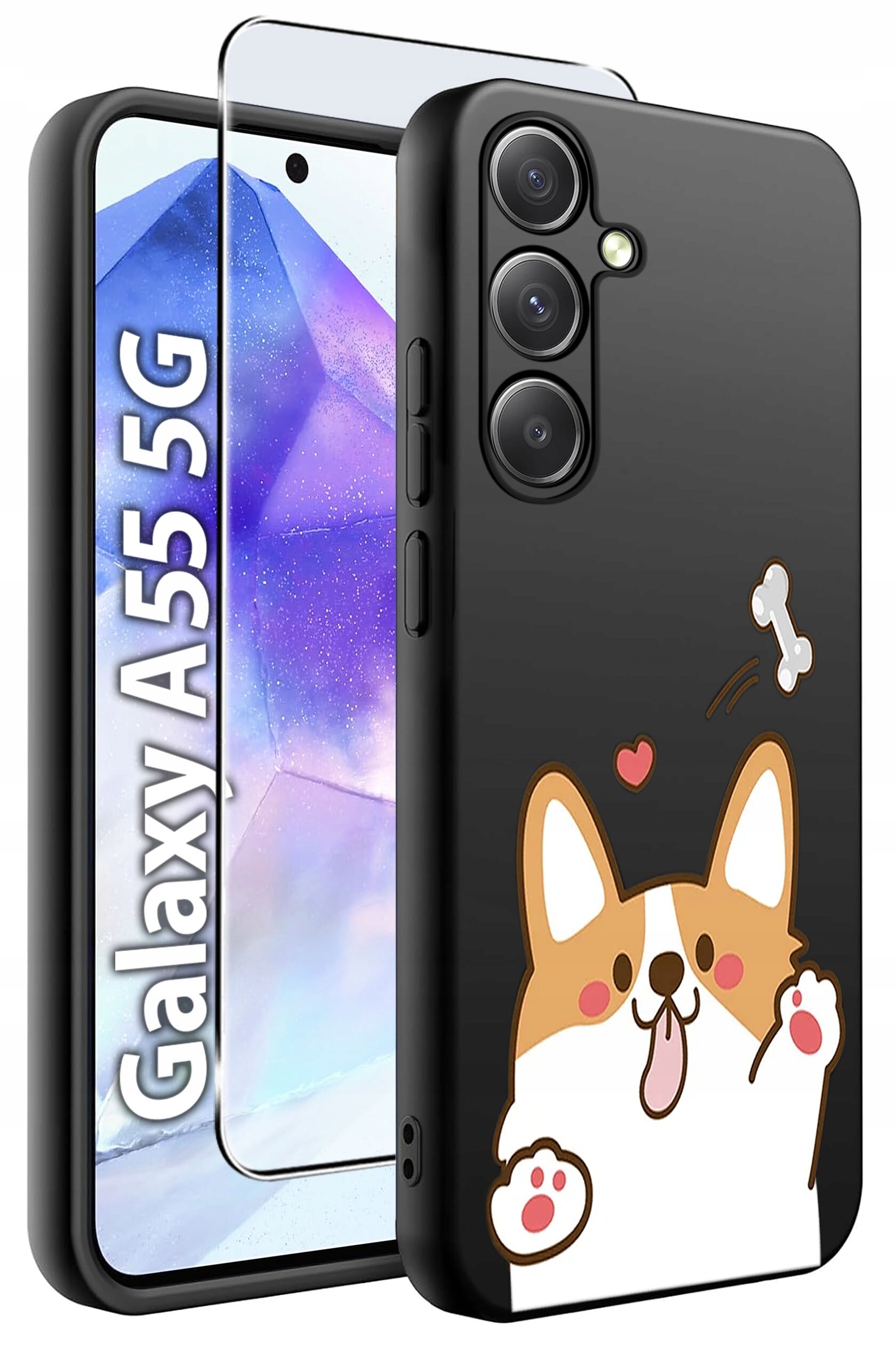Obraz przedstawia czarne etui na telefon z rysunkiem psa i kością oraz szkło hartowane. Na ekranie telefonu widoczny jest napis \'Galaxy A55 5G\'.