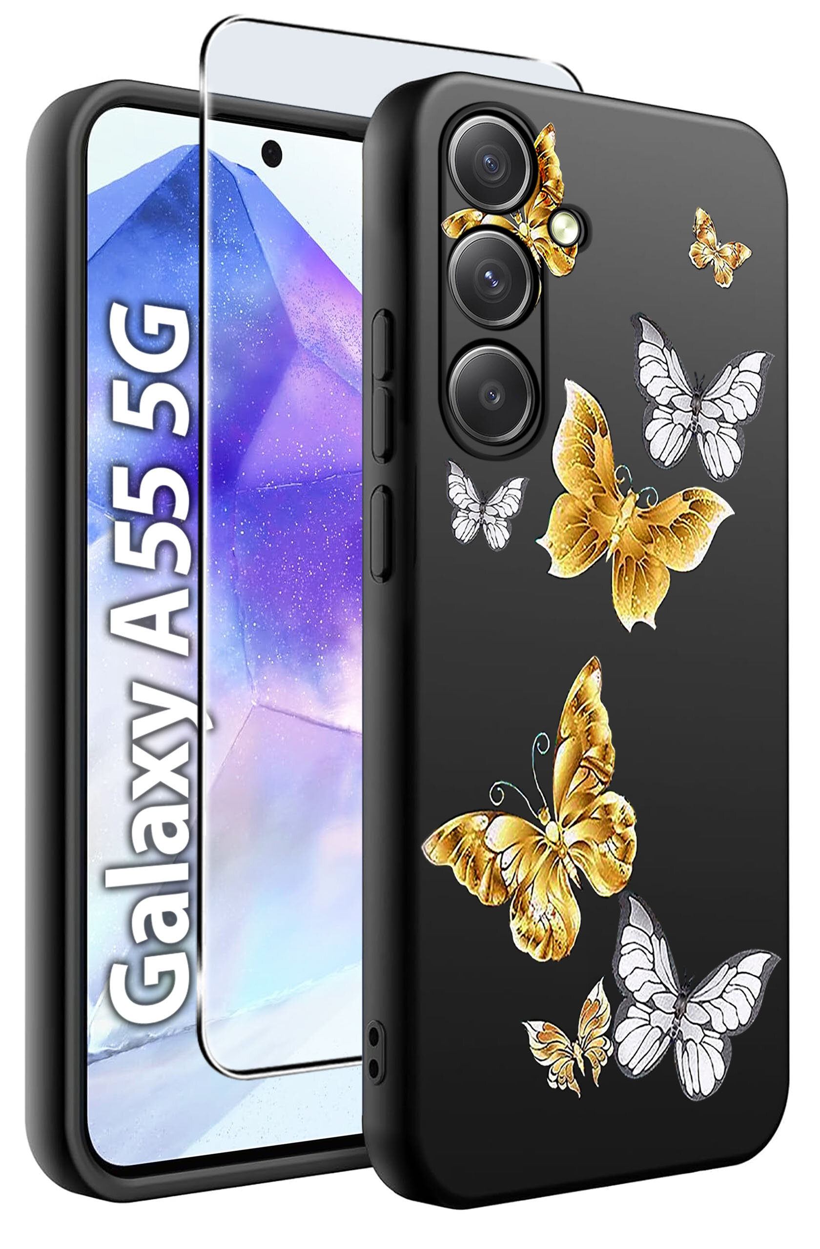 Obraz przedstawia czarne etui na telefon z wzorem złotych i białych motyli. Obok etui widoczny jest telefon z napisem \'Galaxy A55 5G\' oraz szkło hartowane.