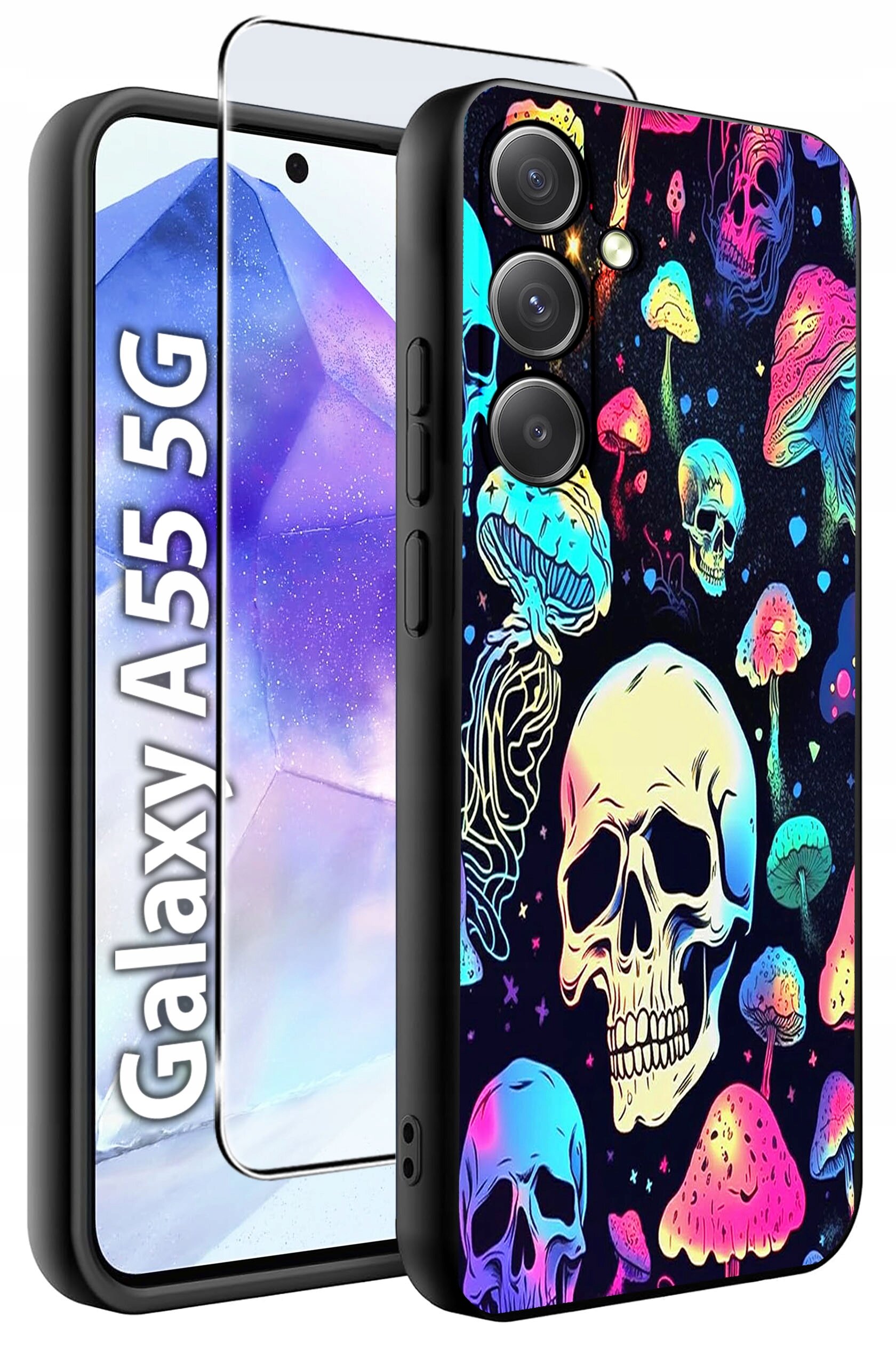 Etui na telefon z kolorowymi wzorami czaszek i grzybów, obok szkło hartowane. Widoczny napis: \'Galaxy A55 5G\'.