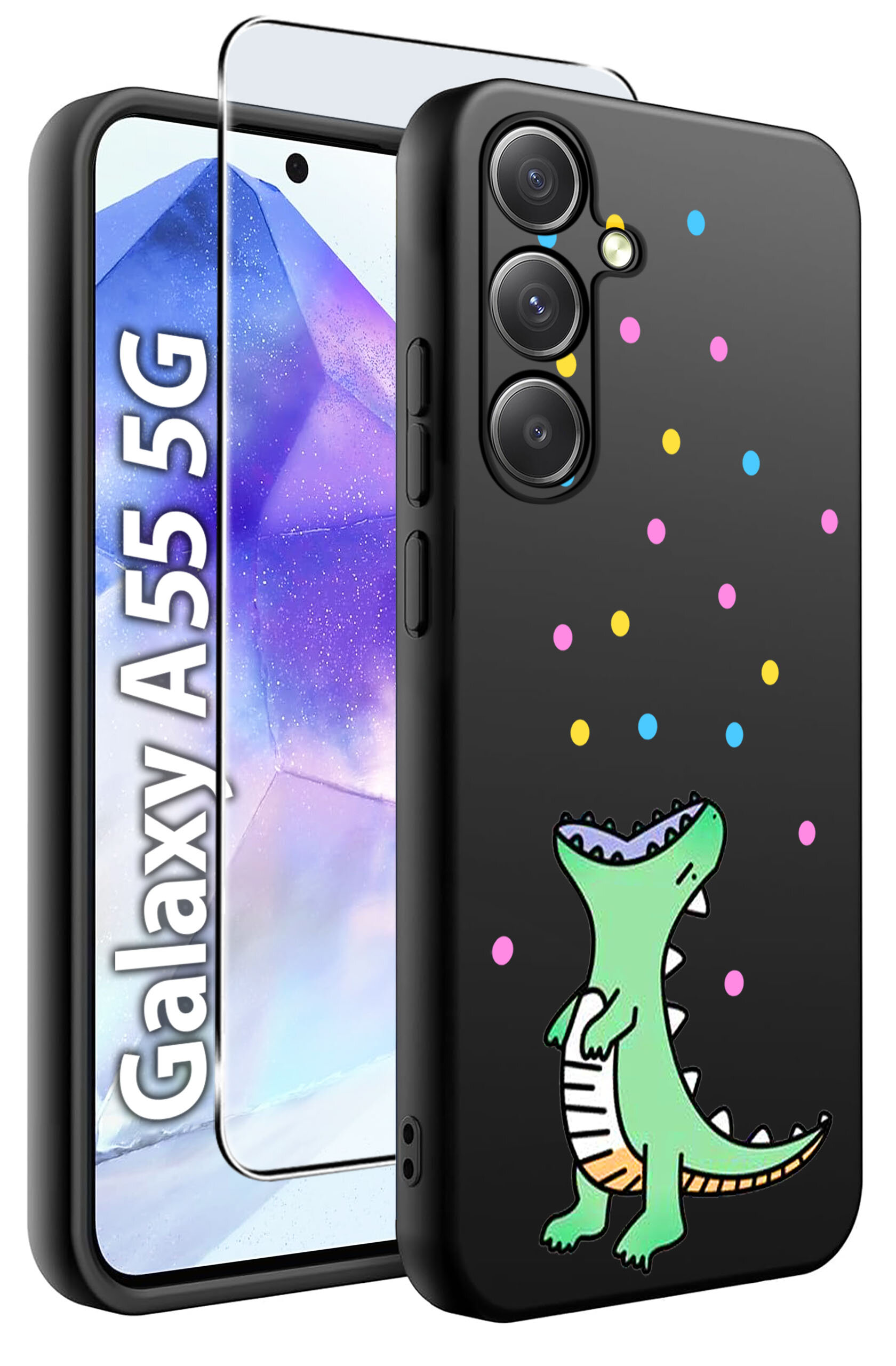 Obraz przedstawia czarne etui na telefon z kolorowym wzorem dinozaura i kolorowymi kropkami. Obok etui widoczny jest telefon z napisem \'Galaxy A55 5G\' oraz szkło hartowane.