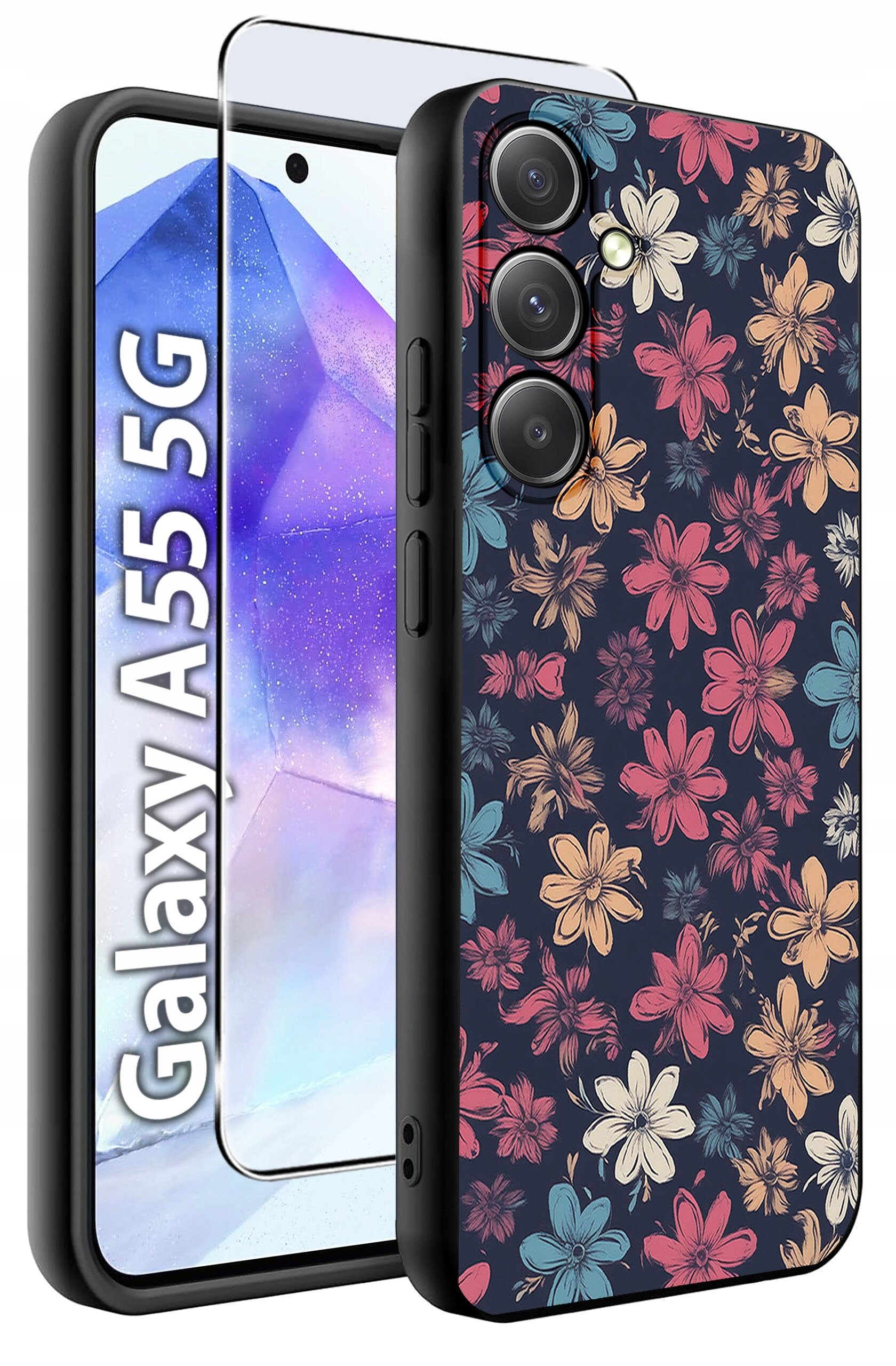 Etui na telefon z kolorowym wzorem kwiatowym oraz szkło hartowane. Widoczny napis: \'Galaxy A55 5G\'.