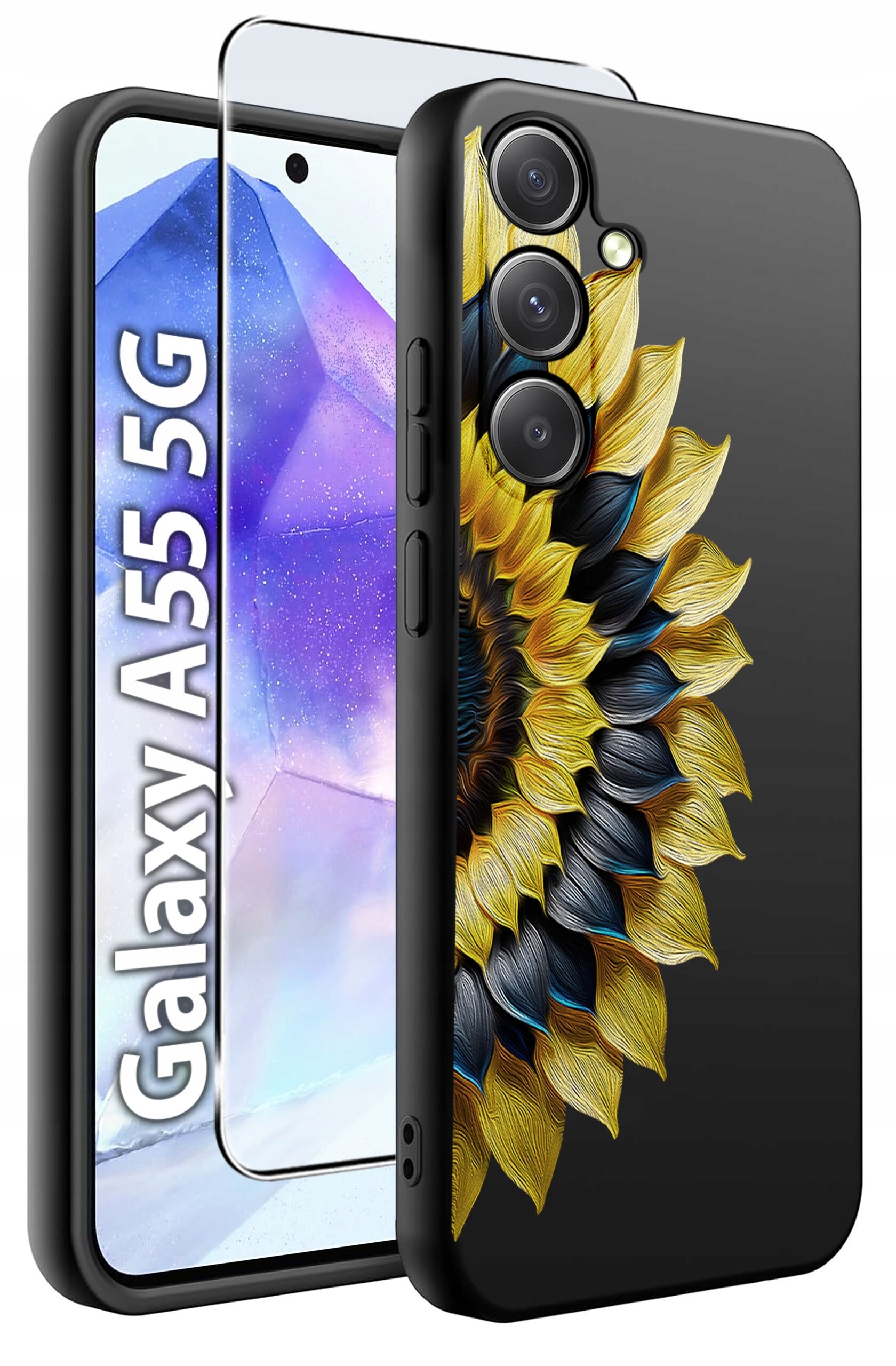 Obraz przedstawia etui na telefon z wzorem słonecznika oraz szkło hartowane. Widoczny jest napis \'Galaxy A55 5G\'.