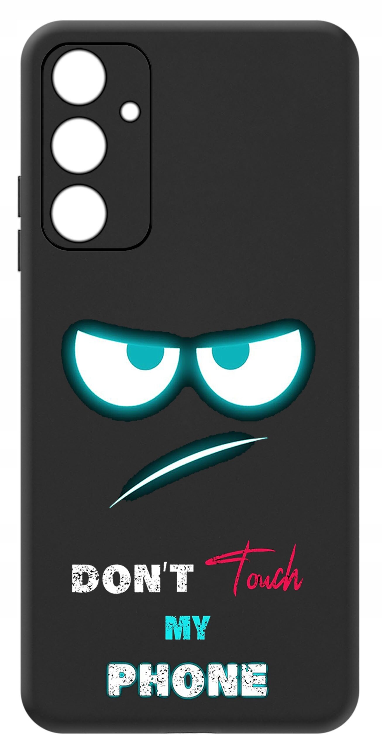 Czarne etui na telefon z nadrukiem przedstawiającym parę oczu oraz tekst \'DON\'T Touch MY PHONE\'.