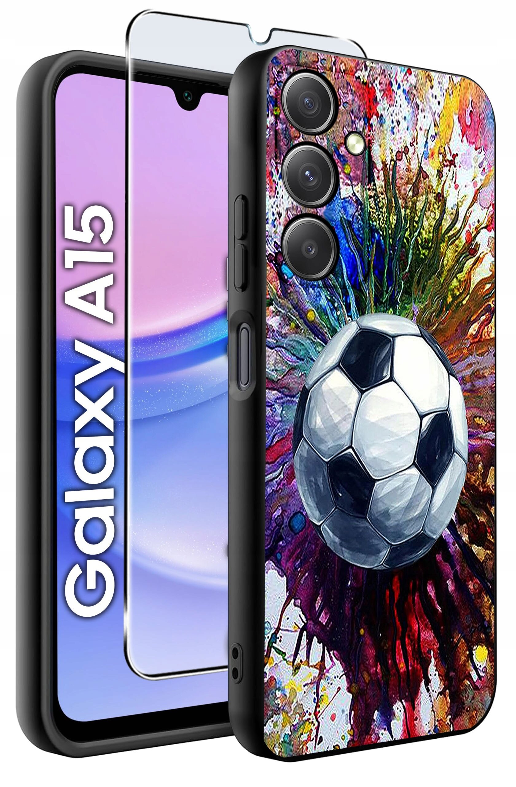 Etui na telefon z kolorowym wzorem piłki nożnej oraz szkło ochronne. Obok widoczny jest telefon z napisem \'Galaxy A15\'.