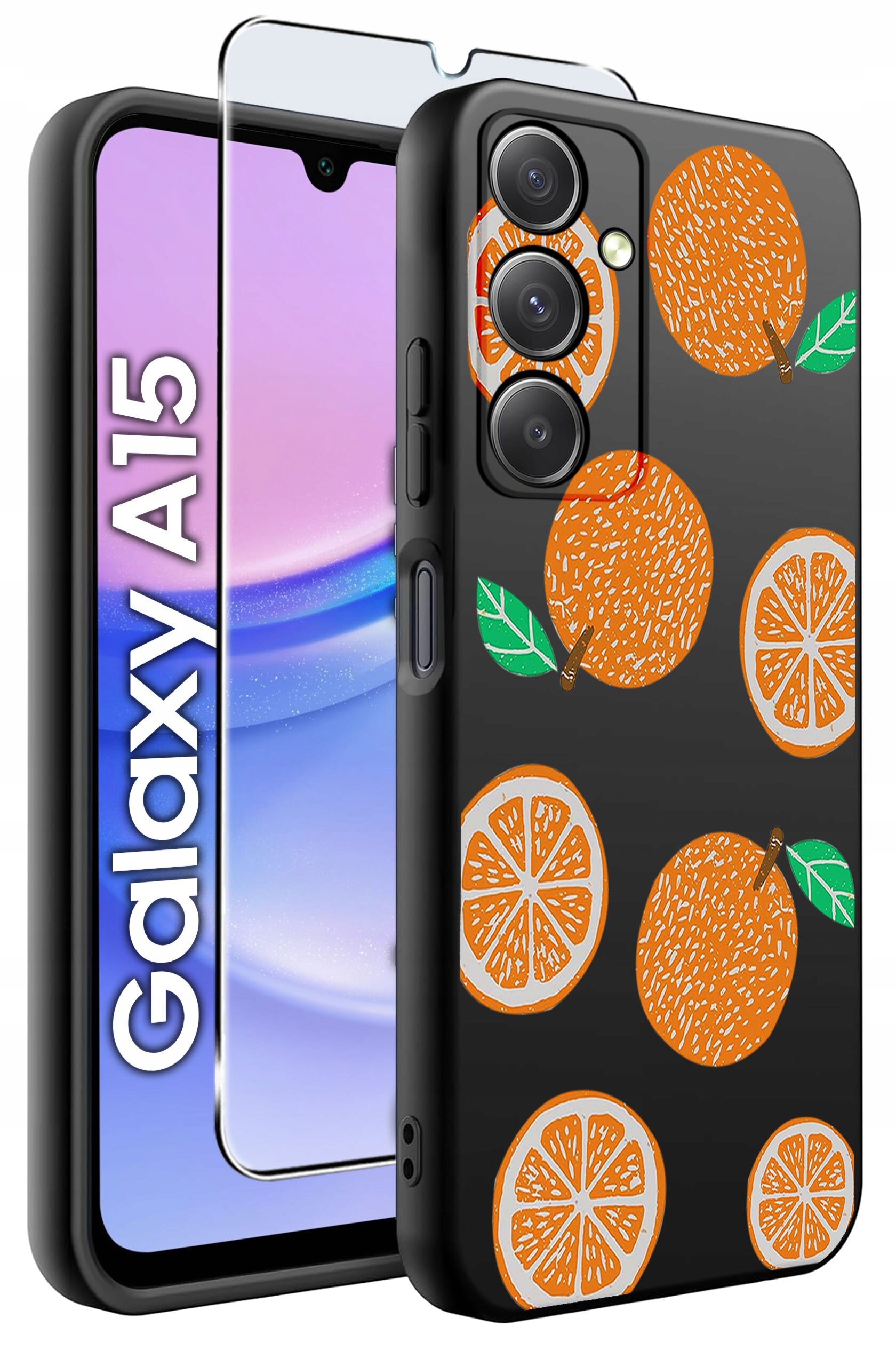 Obraz przedstawia czarne etui na telefon z wzorem pomarańczy i zielonych liści. Obok etui znajduje się szkło ochronne, a na ekranie telefonu widoczny jest napis \'Galaxy A15\'.