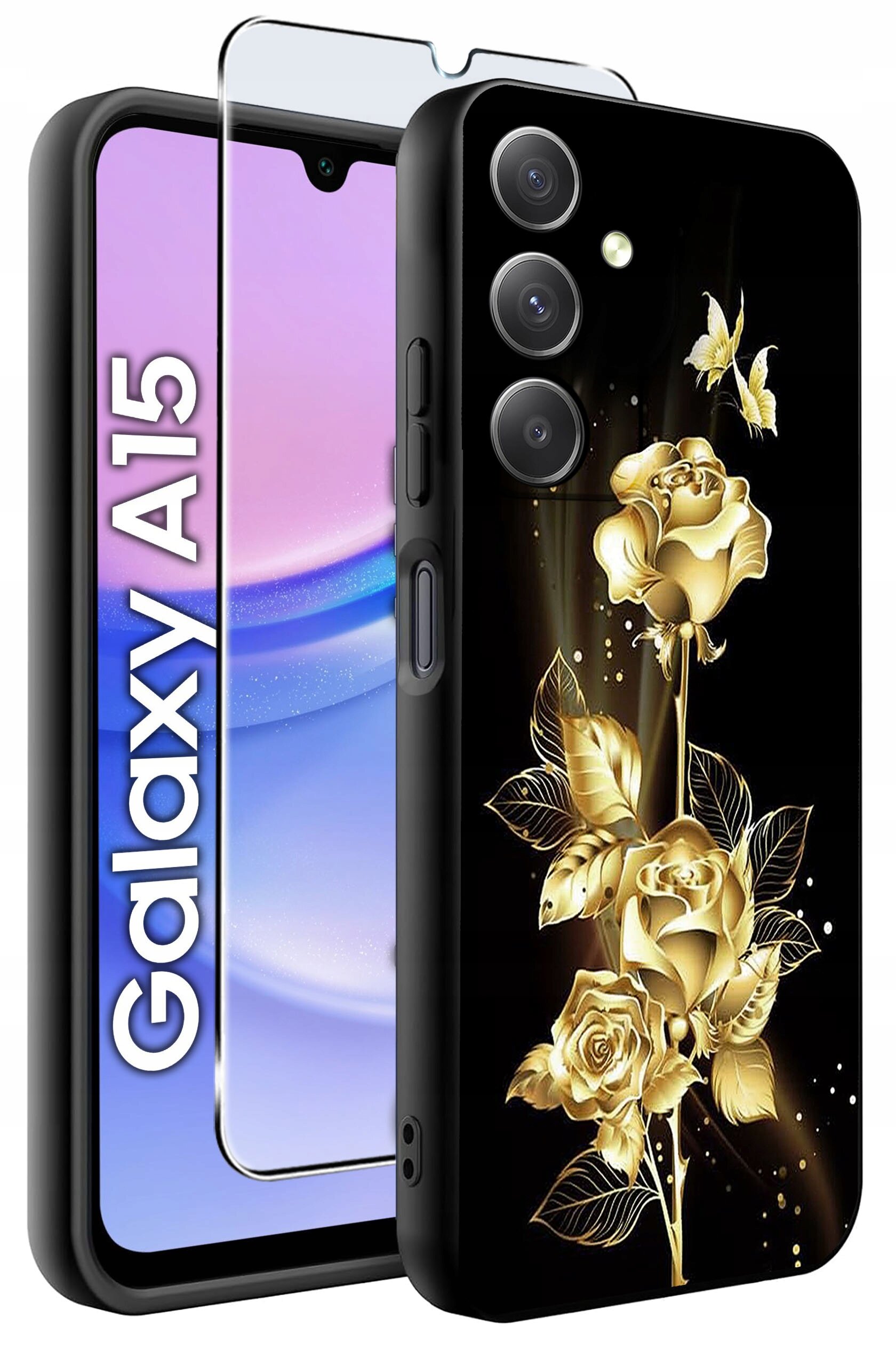 Obraz przedstawia czarne etui na telefon z wzorem złotych róż i motyli oraz szkło ochronne. Obok widoczny jest telefon z napisem \'Galaxy A15\'.