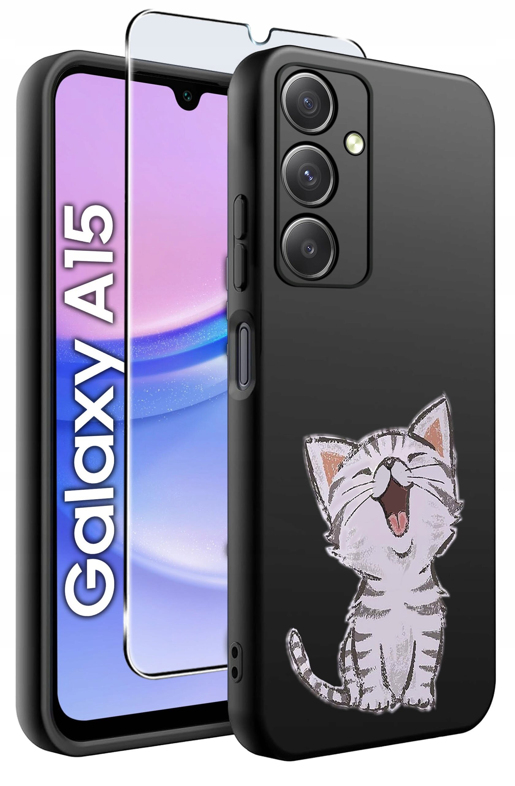 Czarne silikonowe etui z rysunkiem kota, obok którego znajduje się szkło ochronne na ekran. Na ekranie telefonu widoczny jest napis \'Galaxy A15\'.