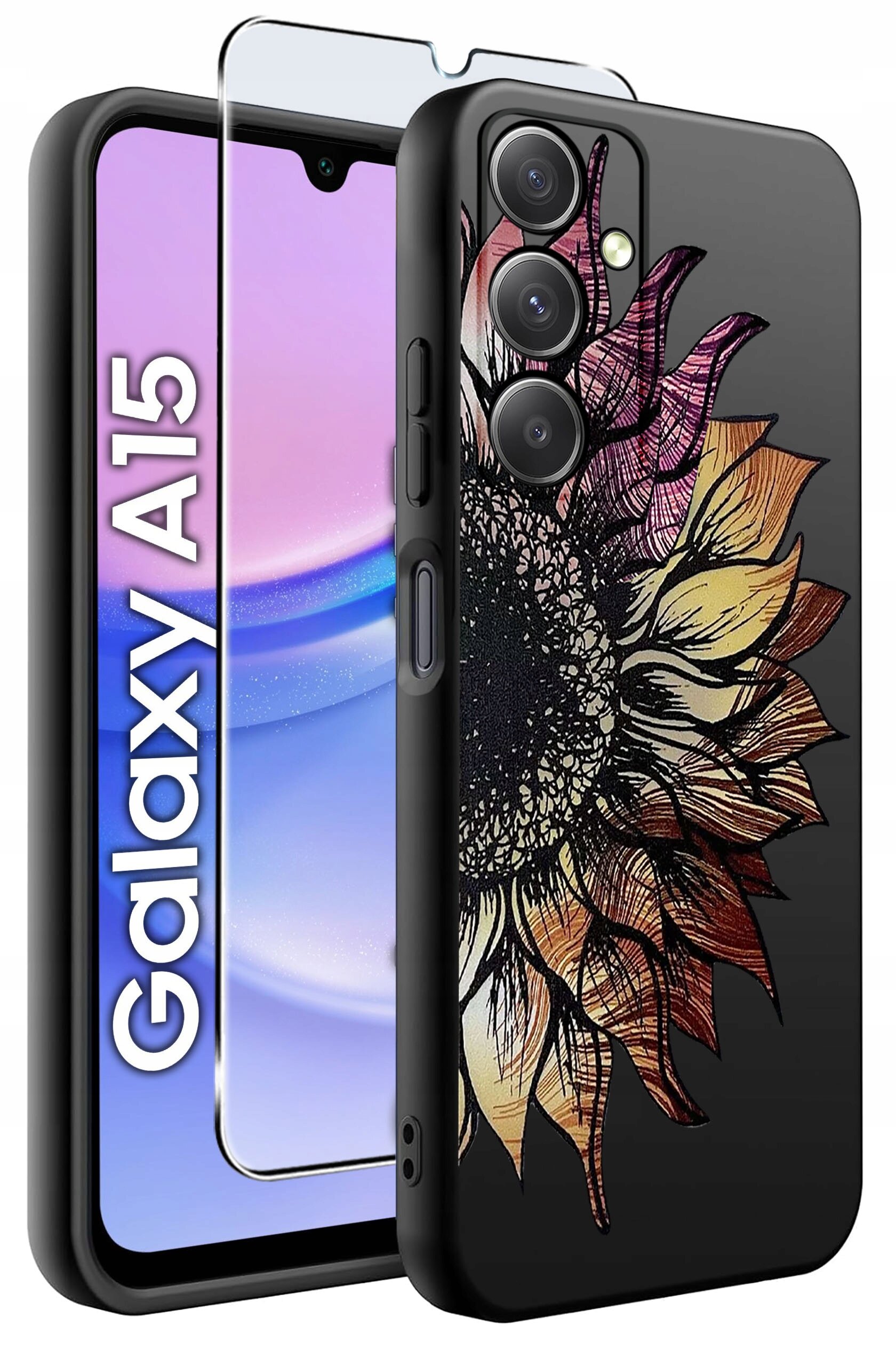 Obraz przedstawia czarne silikonowe etui z kolorowym wzorem kwiatu oraz szkło ochronne na telefon Galaxy A15. Na ekranie telefonu widoczny jest napis \'Galaxy A15\'.