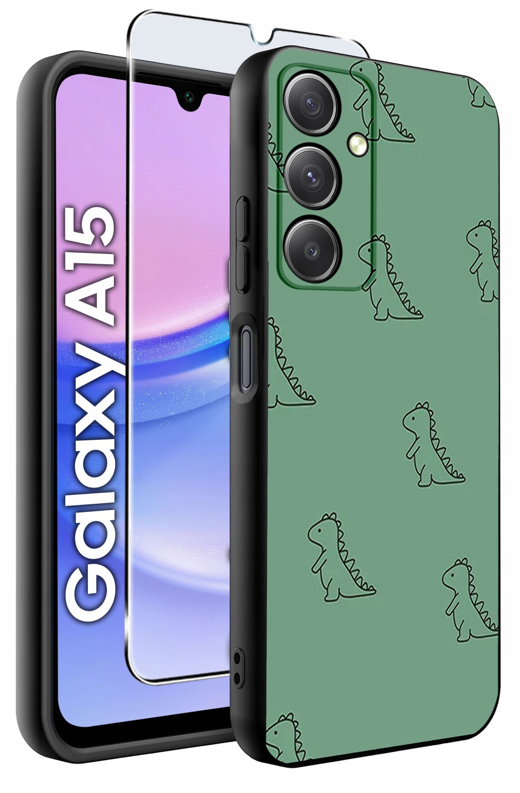 Obraz przedstawia zielone etui z wzorem dinozaurów na telefon Samsung Galaxy A15. Obok etui znajduje się szkło ochronne oraz widoczny napis \'Galaxy A15\'.
